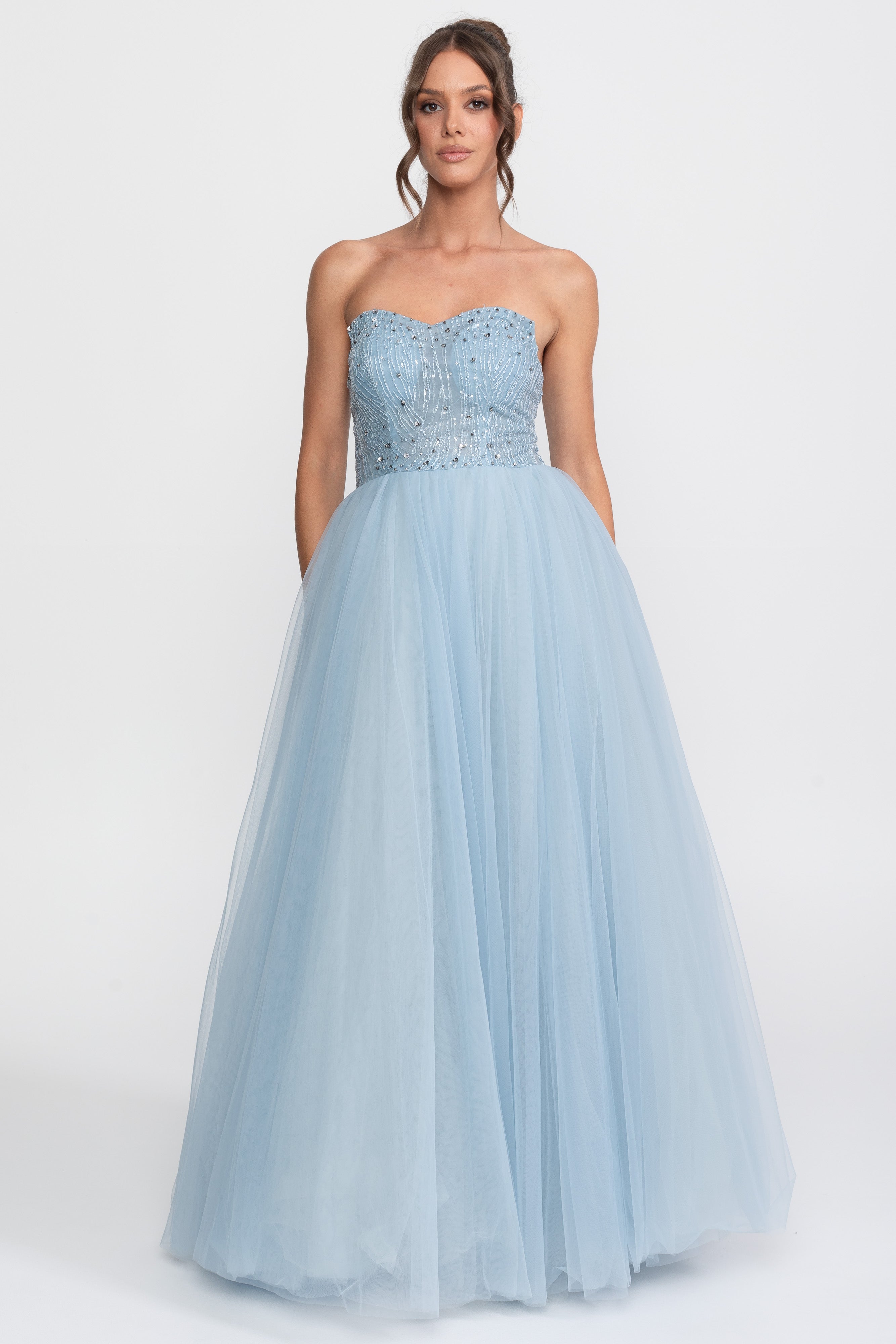 Tulle Strapless Ball Gown With Sequin Embellishments - Light Blue