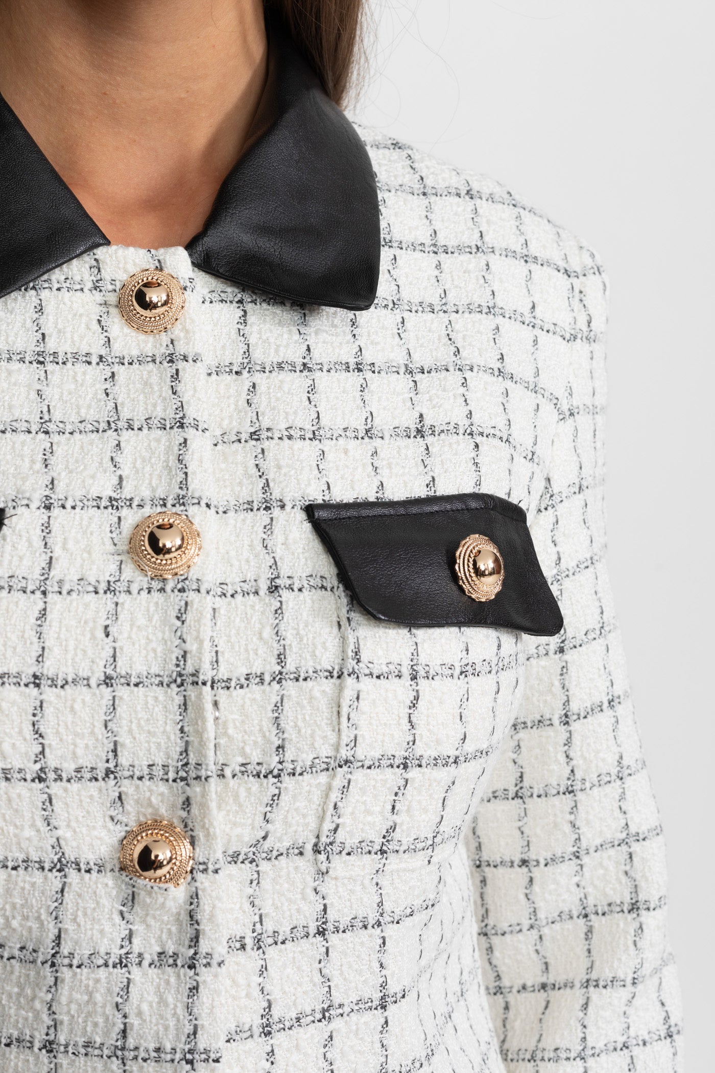 Long Sleeve Tweed Mini Dress With Contrasting Leather Details – White And Black