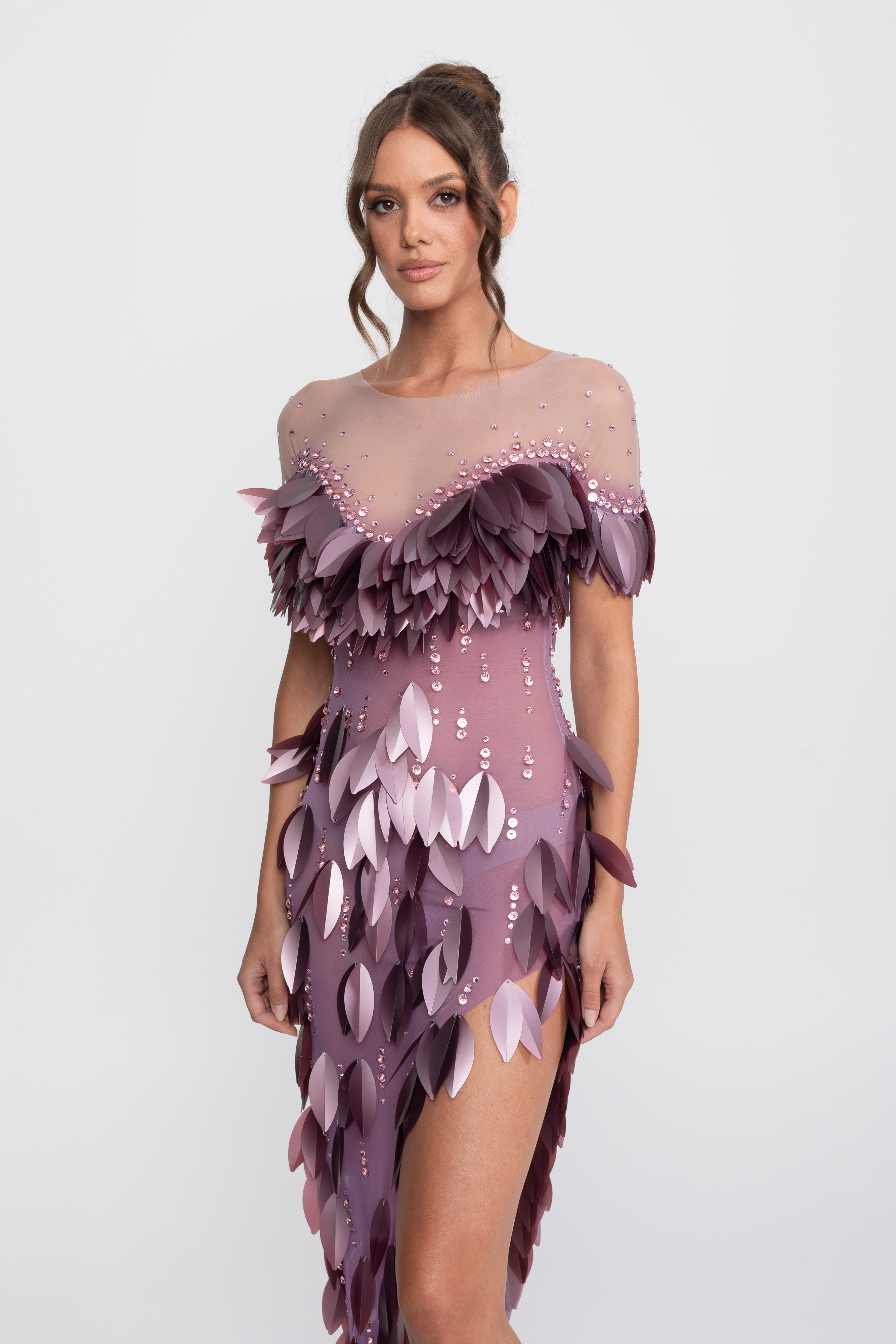 3D Petal Beaded Slit Dress With Short Sleeves - Purple
