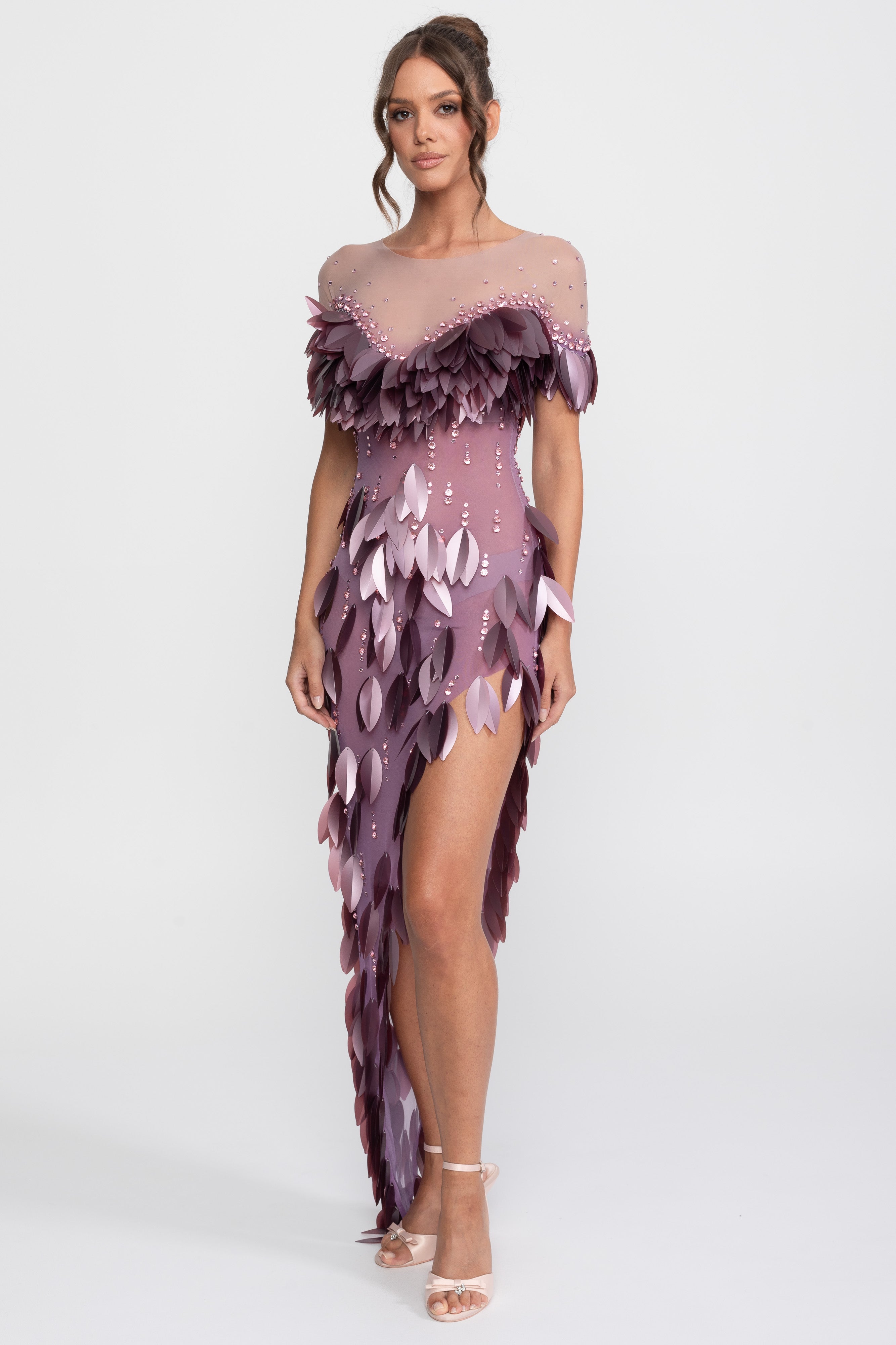 3D Petal Beaded Slit Dress With Short Sleeves - Purple