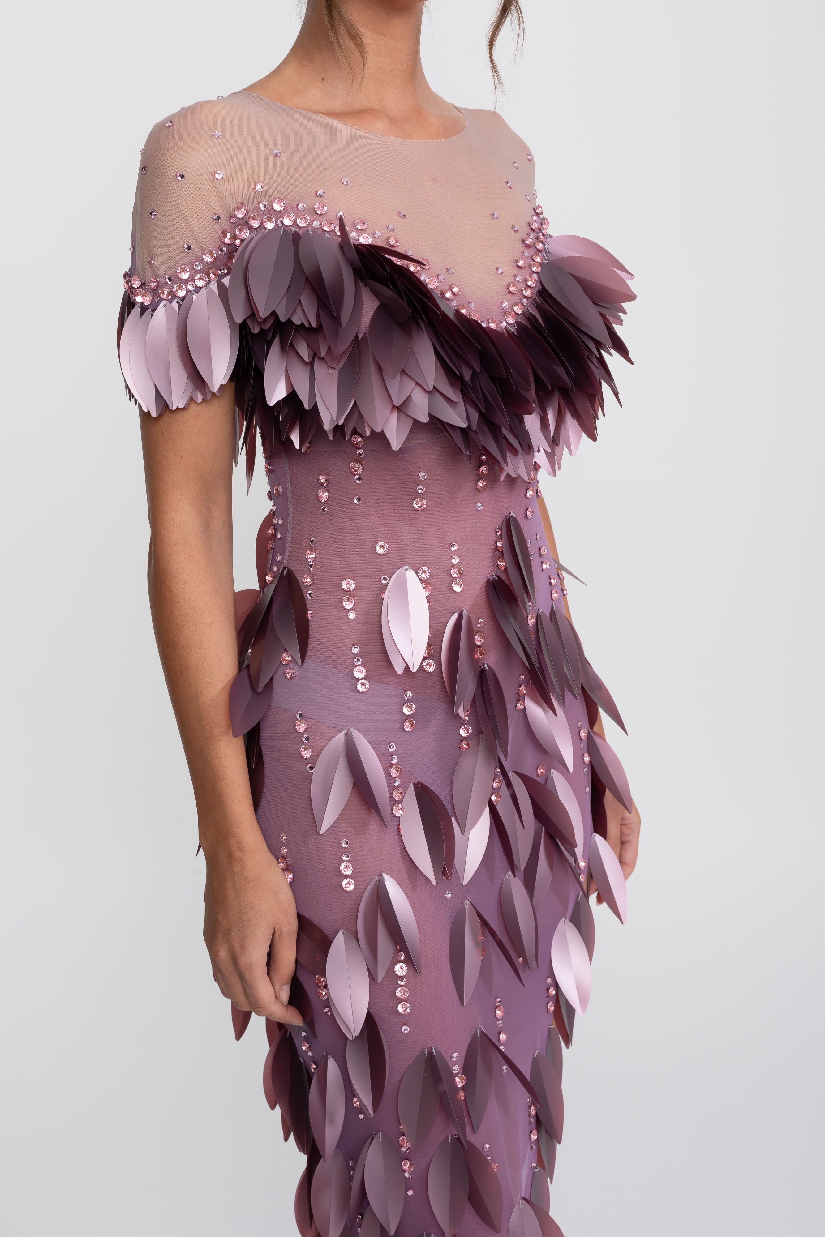 3D Petal Beaded Slit Dress With Short Sleeves - Purple