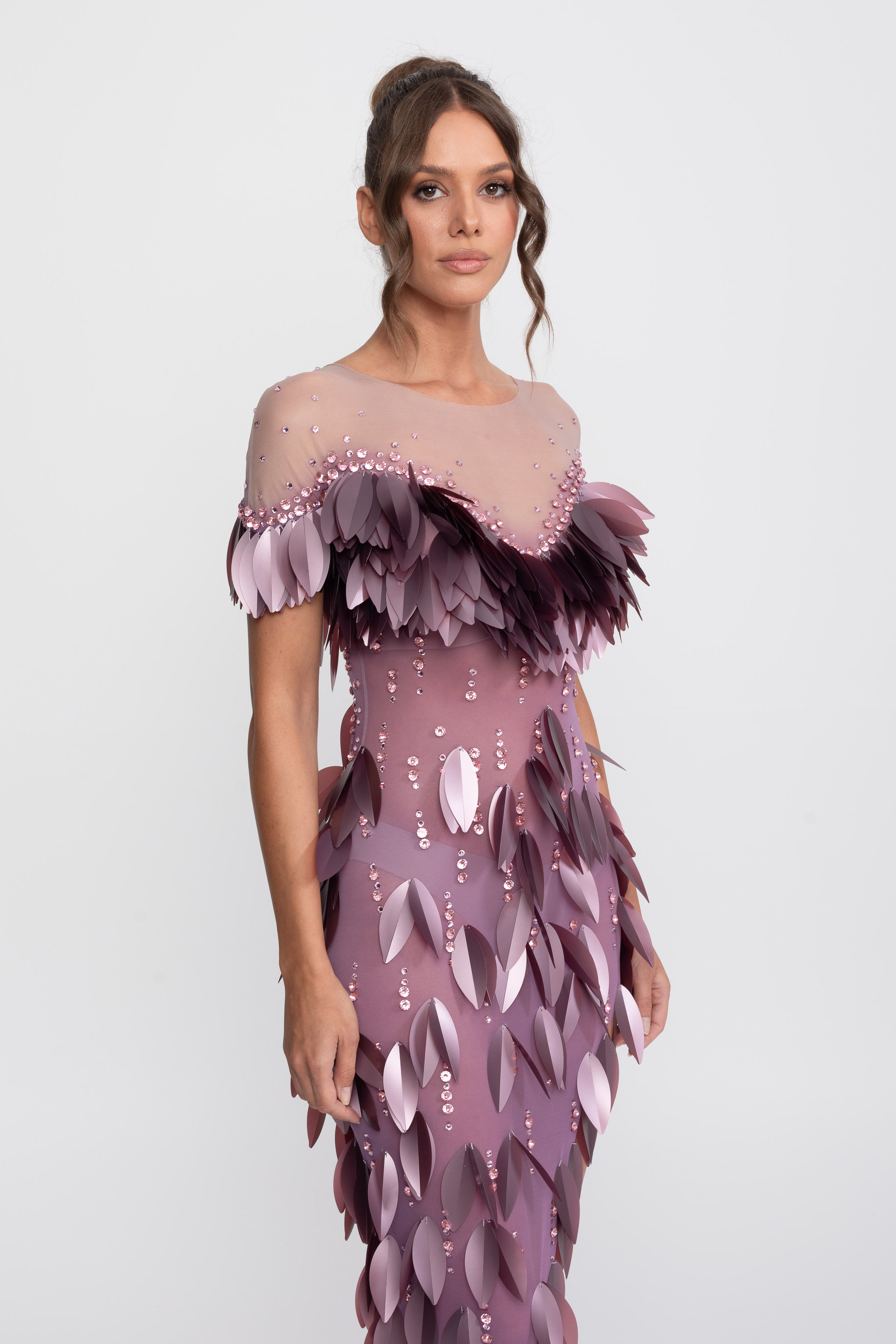 3D Petal Beaded Slit Dress With Short Sleeves - Purple