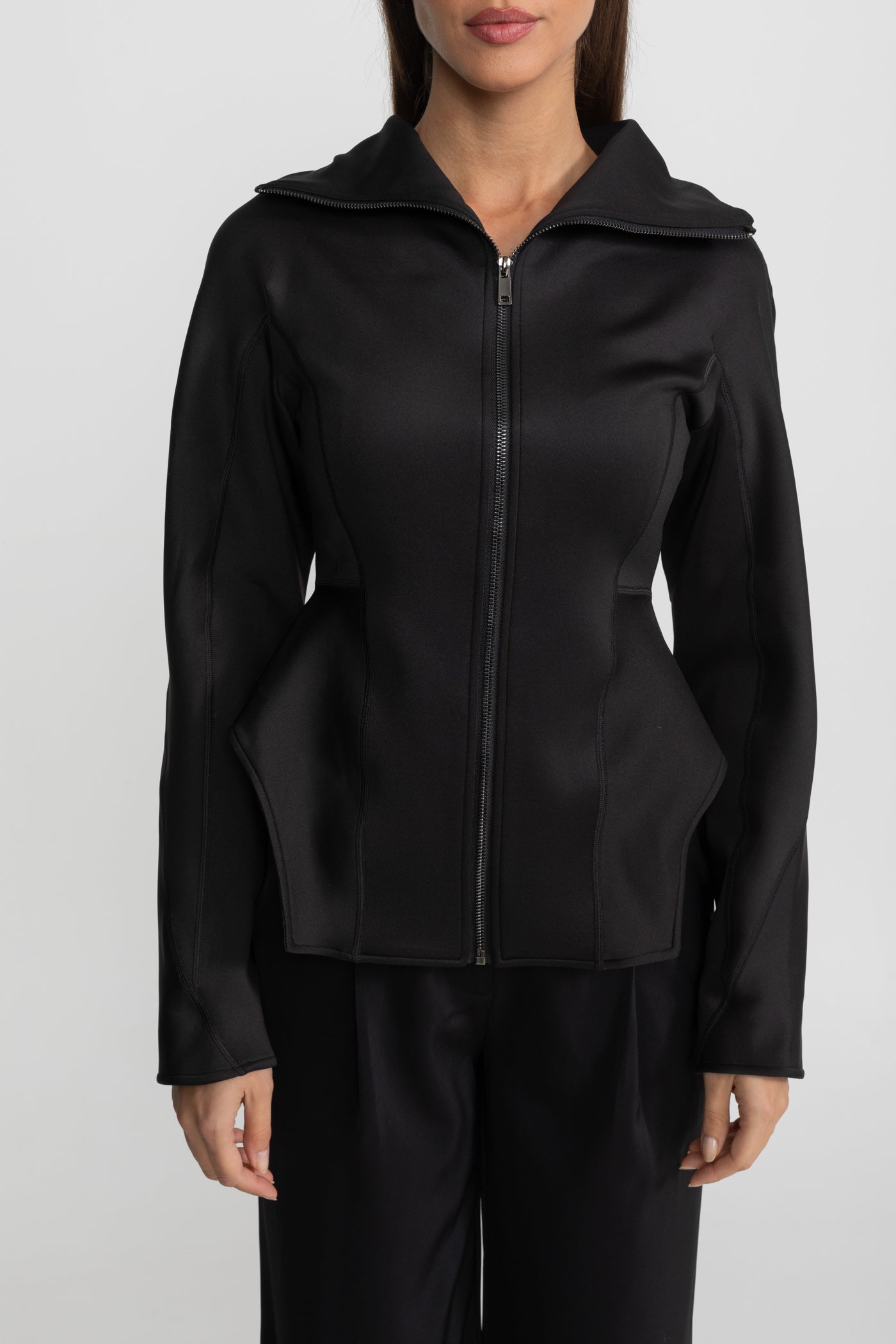 Structured Zip-Up Jacket With Sculpted Seams And High Collar - Black