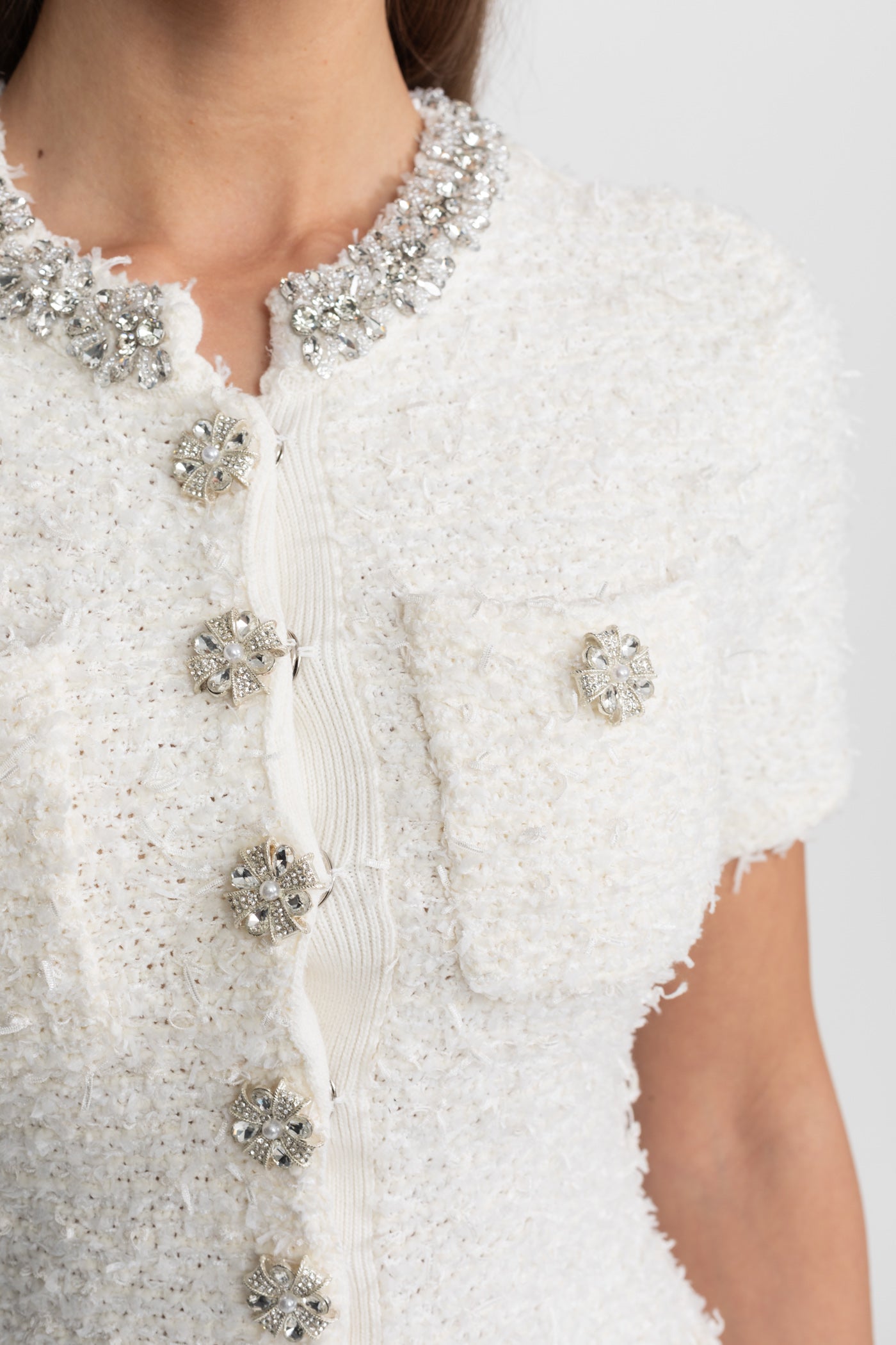 Embellished Tweed Mini Dress with Crystal Button Details – White