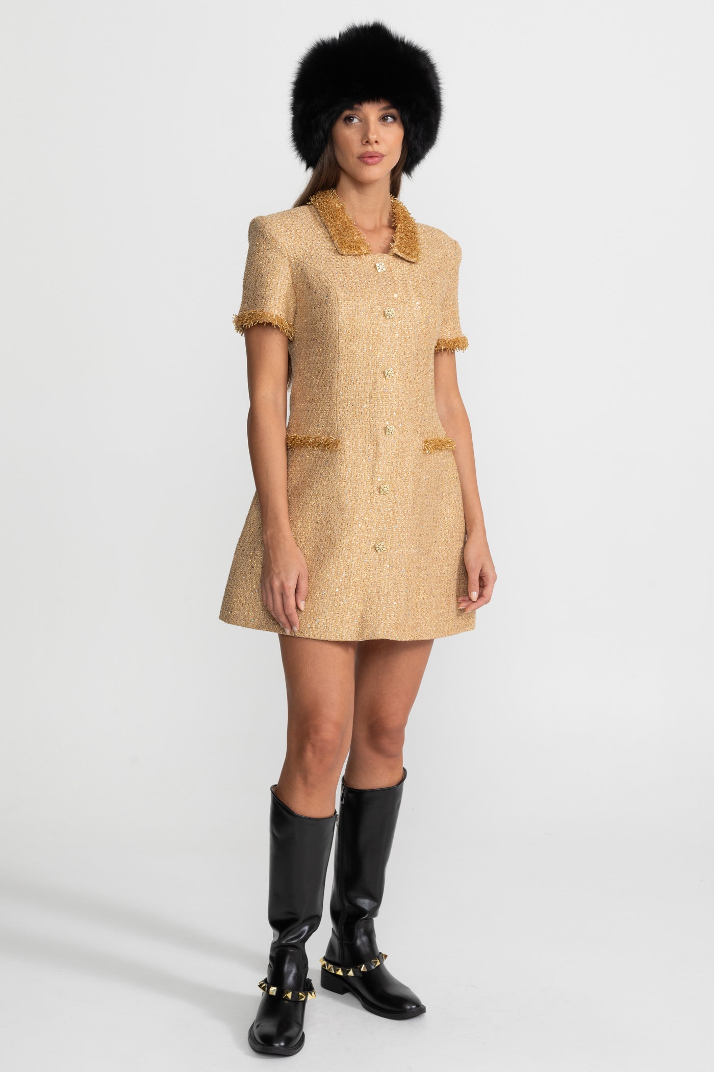 Short Sleeve Tweed Mini Dress With Metallic Fringe Trim – Gold