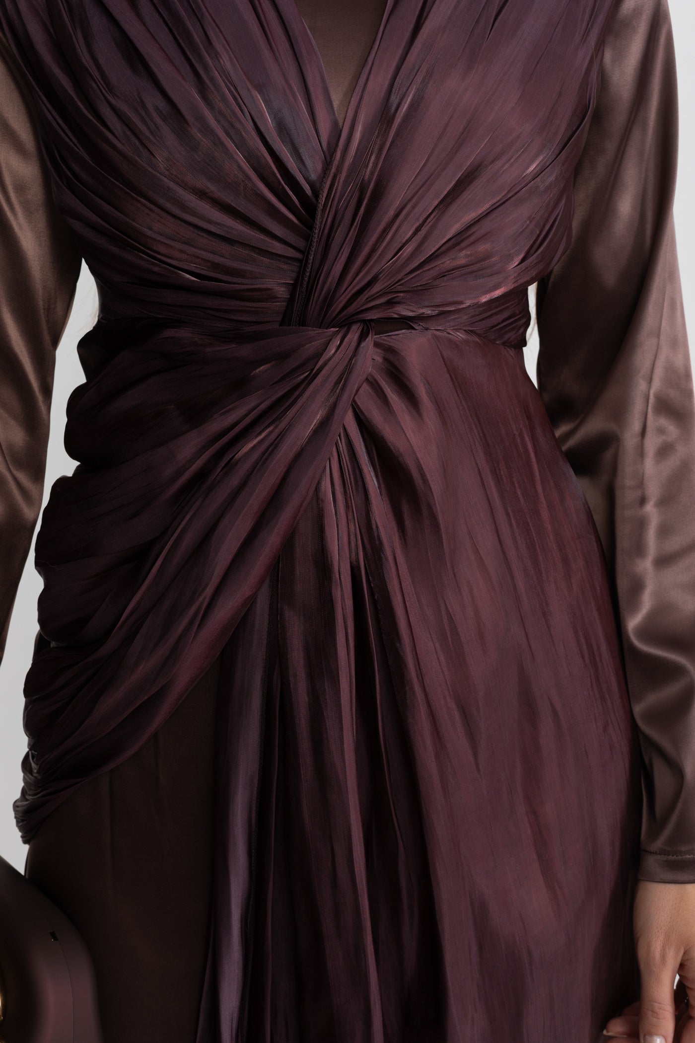 Satin Midi Dress with Draped Overlay and Knot Detail - Brown