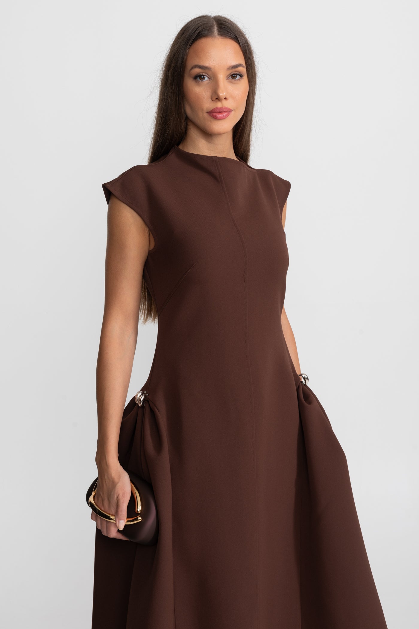 Structured Midi Dress with High-Low Hem and Metal Ring Details - Brown