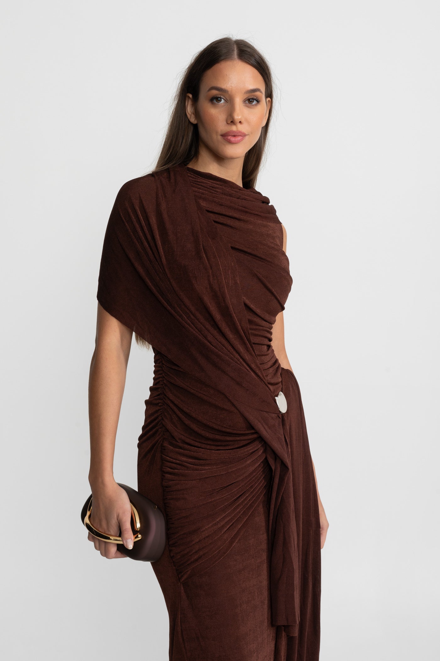 Draped Jersey Maxi Dress with Shoulder Scarf Detail - Brown