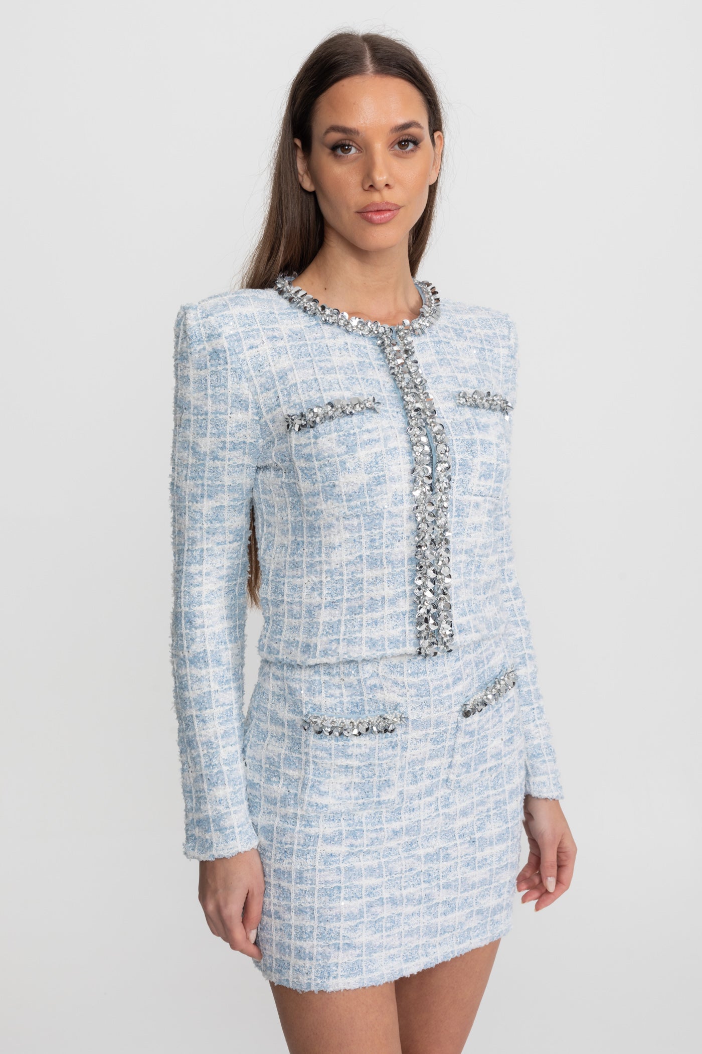 Embellished Tweed Co-Ord Set with Crystal Trim – Light Blue