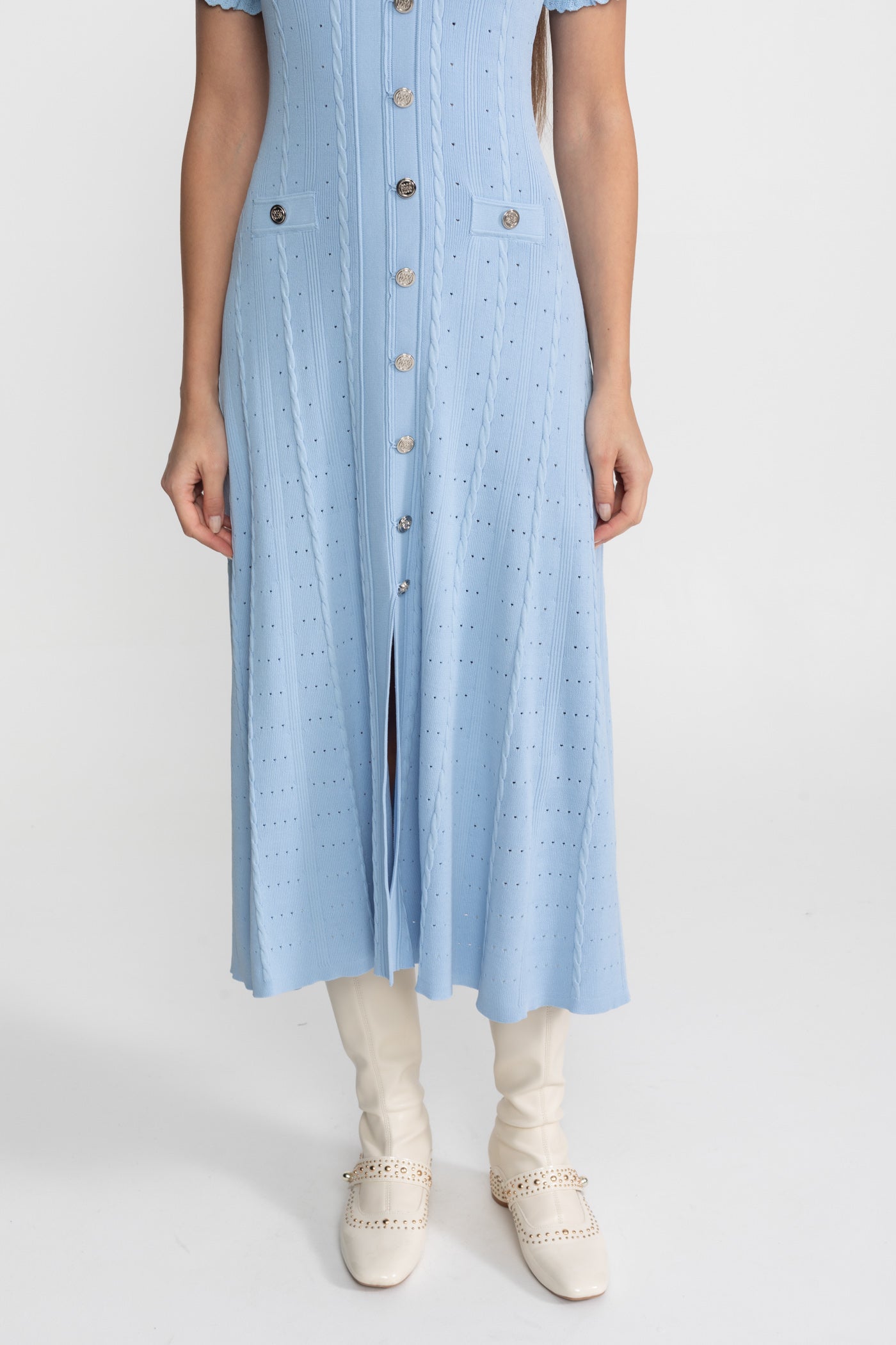 Knit Button-Front Midi Dress with Scalloped Sleeves – Baby Blue