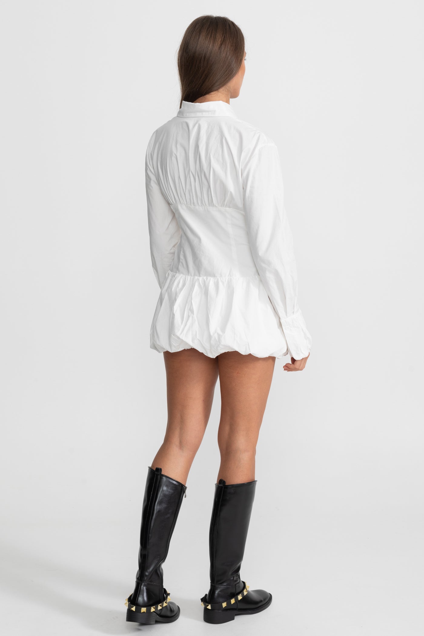 Mini Dress Shirt with Circular Ruched Waist Detail - White
