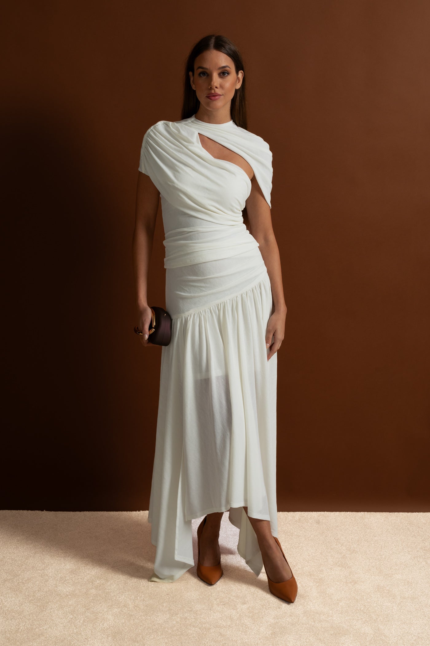 Asymmetric Jersey Co-Ord with Draped Shoulder and Cutout Detail - White