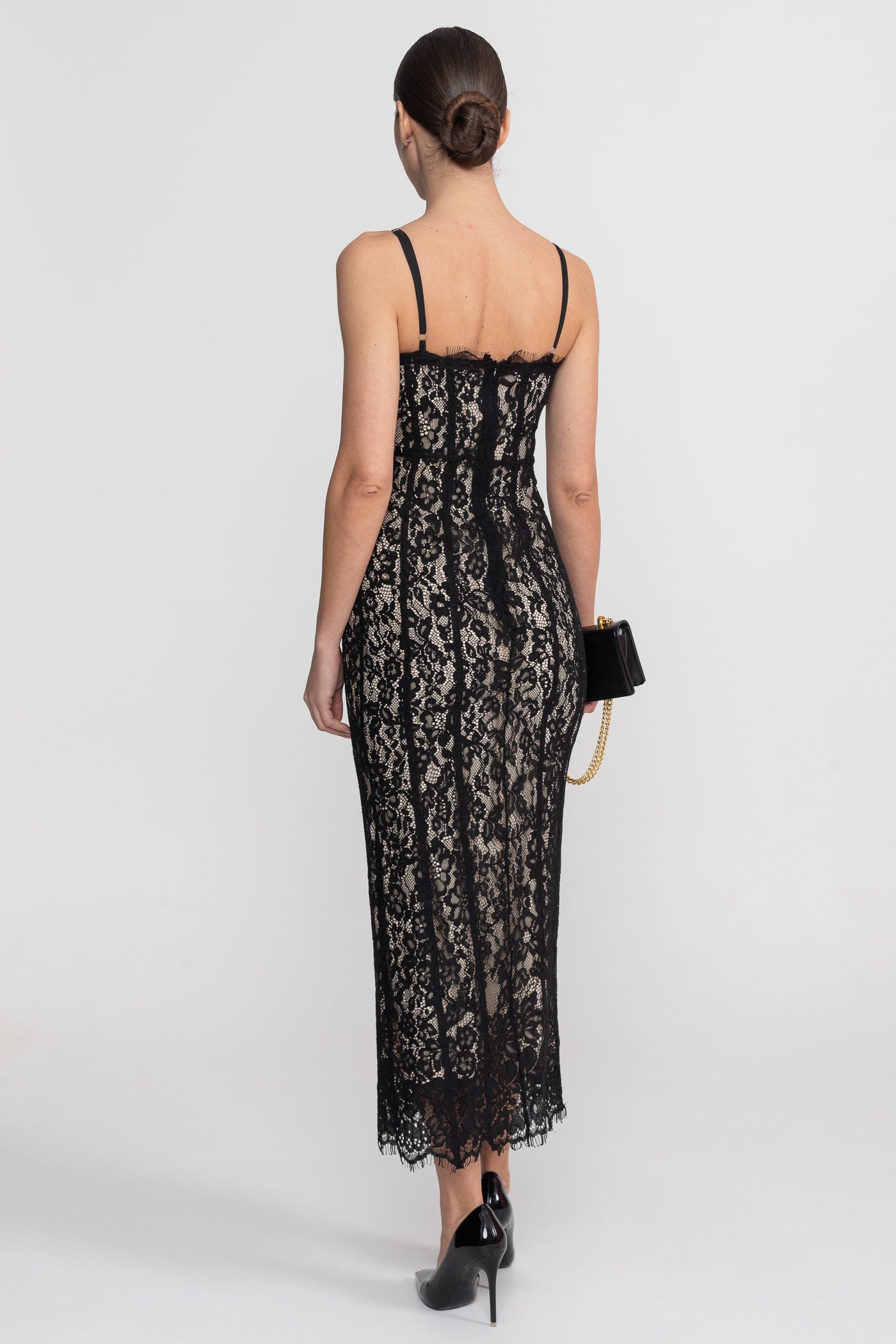 Lace Midi Dress With Sheer Corset Bodice - Black