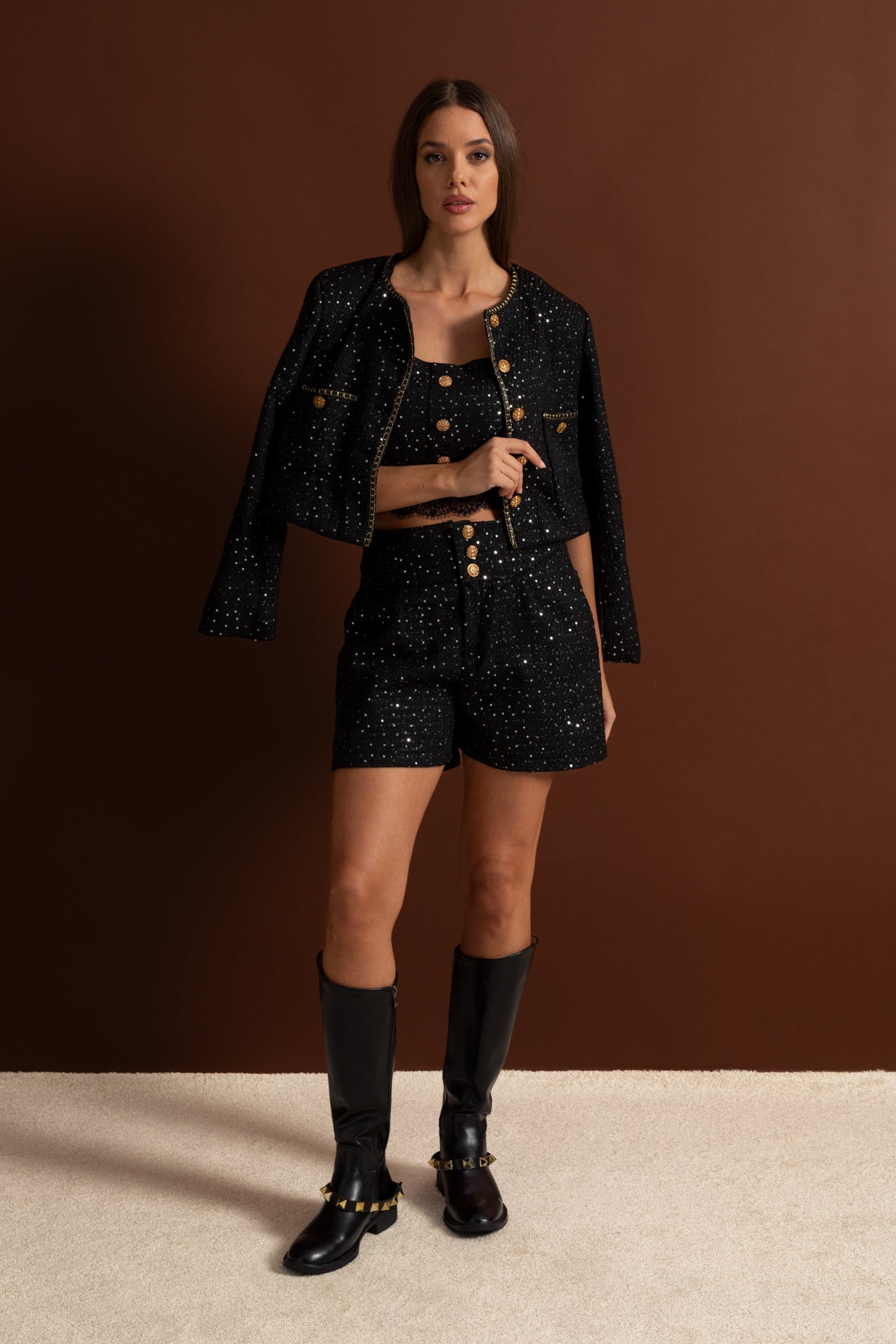 Embellished Co-Ord 3 Piece Set With Cropped Jacket, Lace Trim Top And High-Waist Shorts – Black