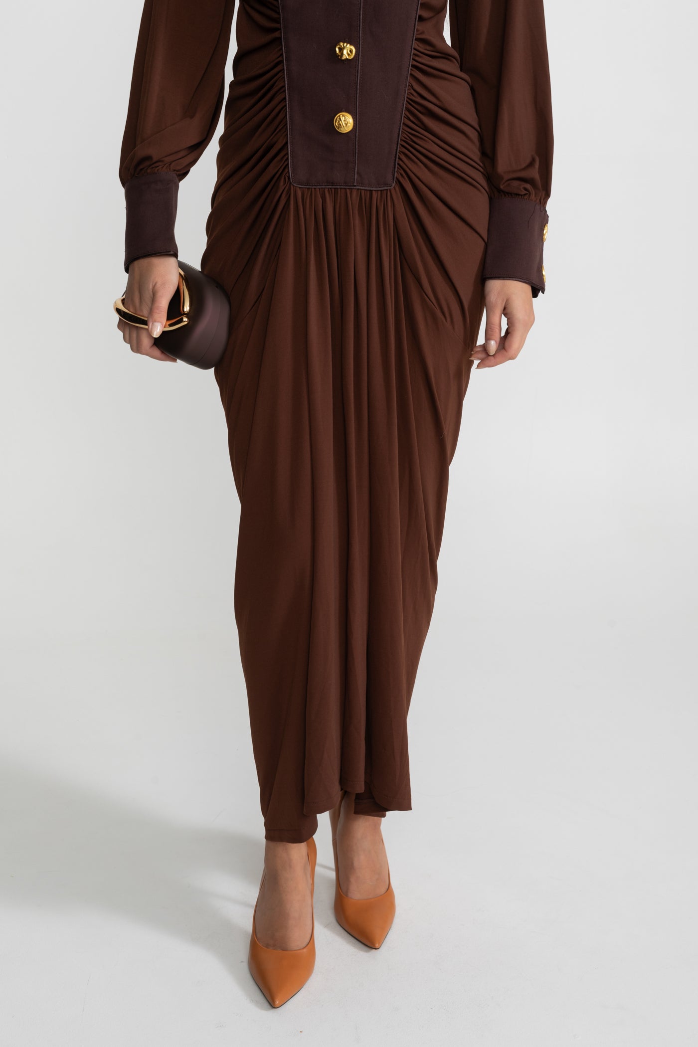 Draped Maxi Dress with Gold Statement Buttons - Brown