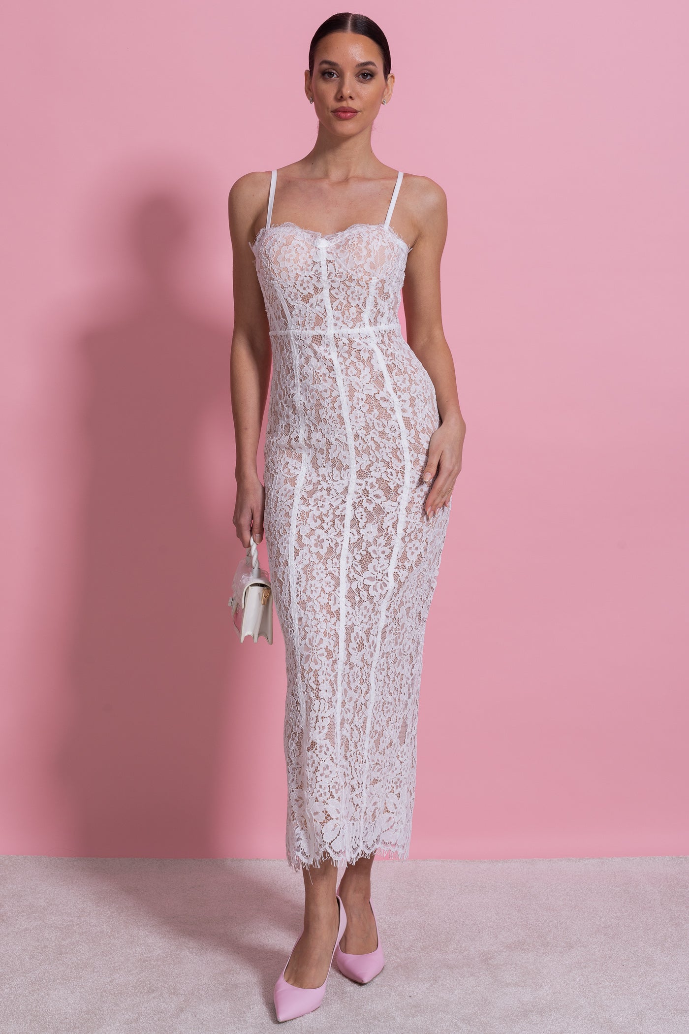 Lace Midi Dress With Sheer Corset Bodice - White