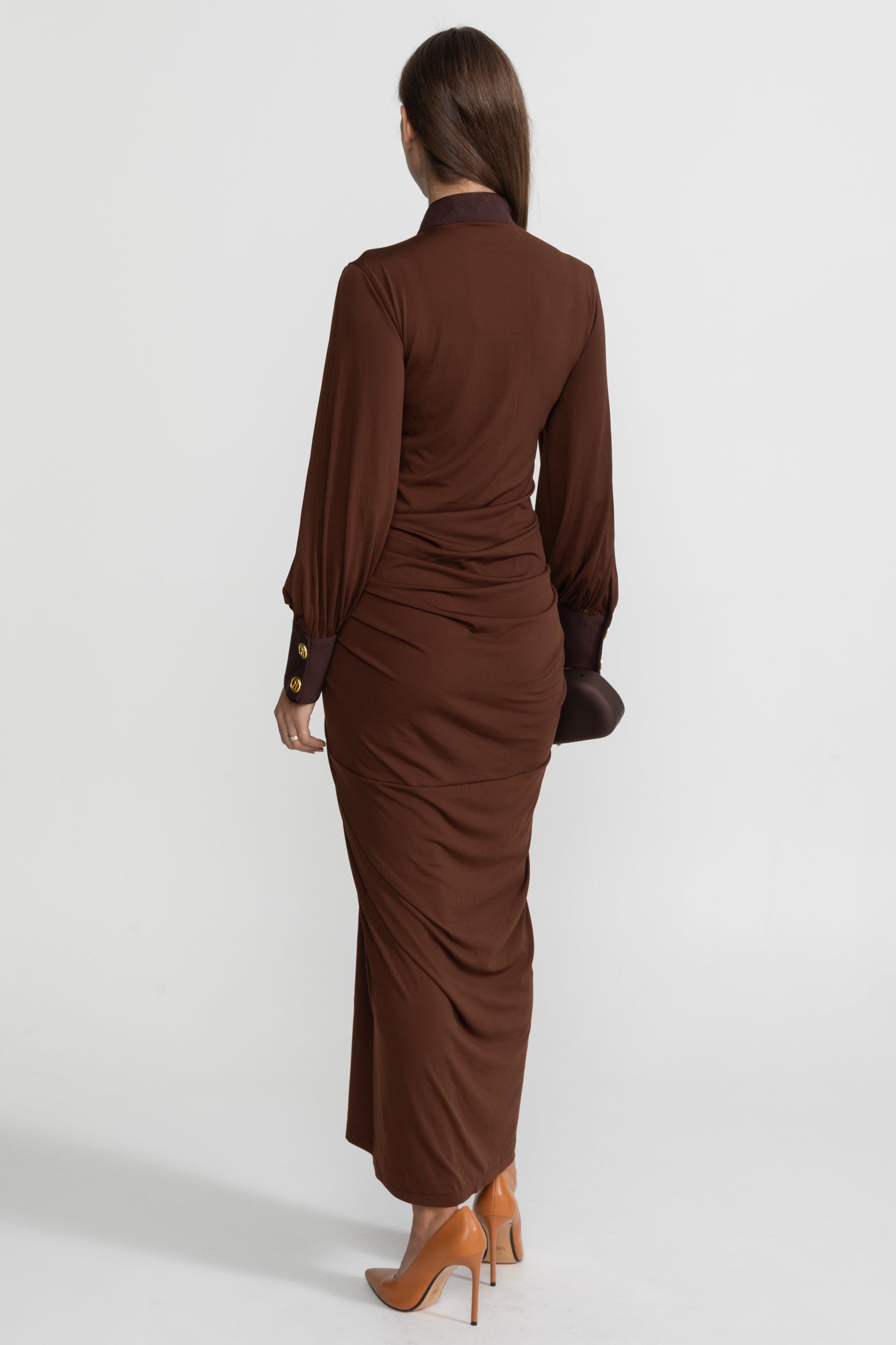 Draped Maxi Dress with Gold Statement Buttons - Brown