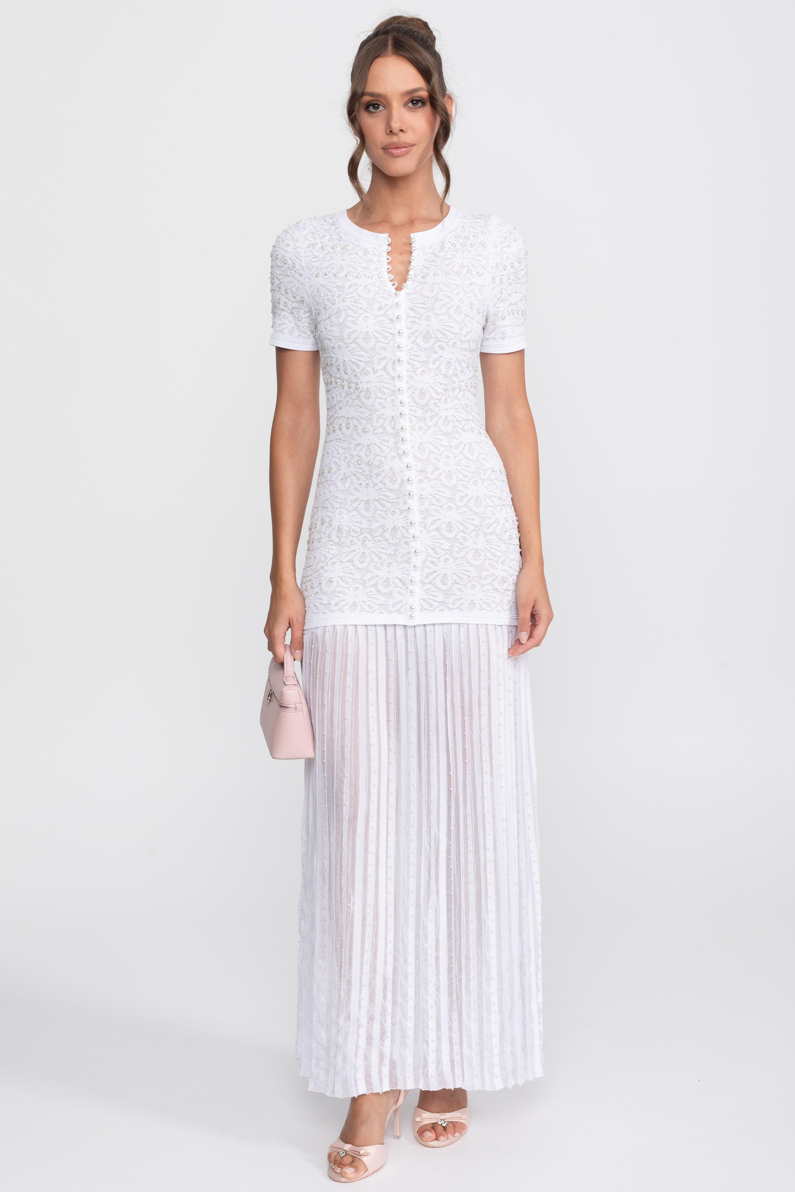 Short Sleeve Midi Dress With Pearl Embellishments - White