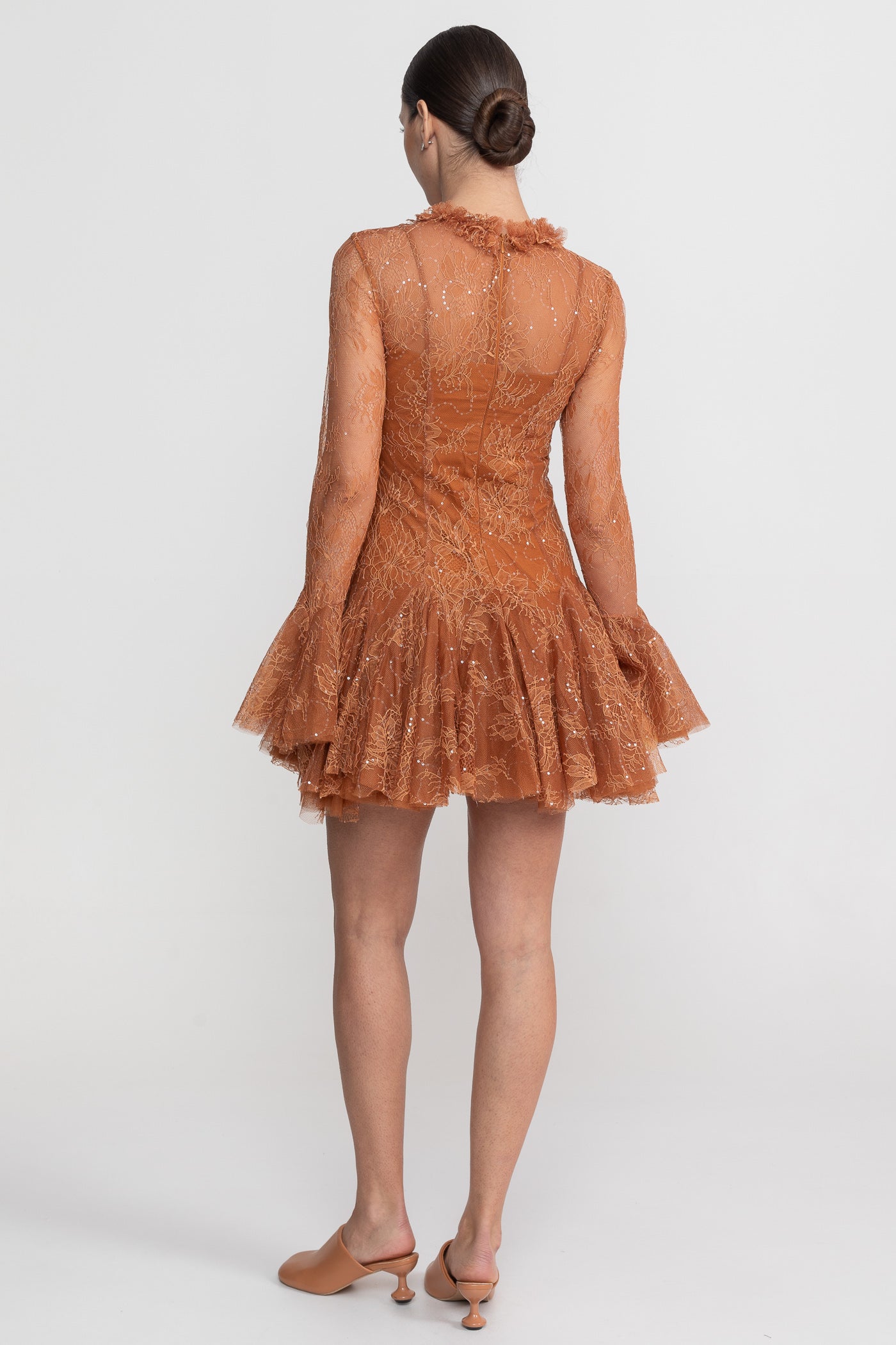 Sheer Lace Long Sleeve Mini Dress With Ruffled Hem - Rust
