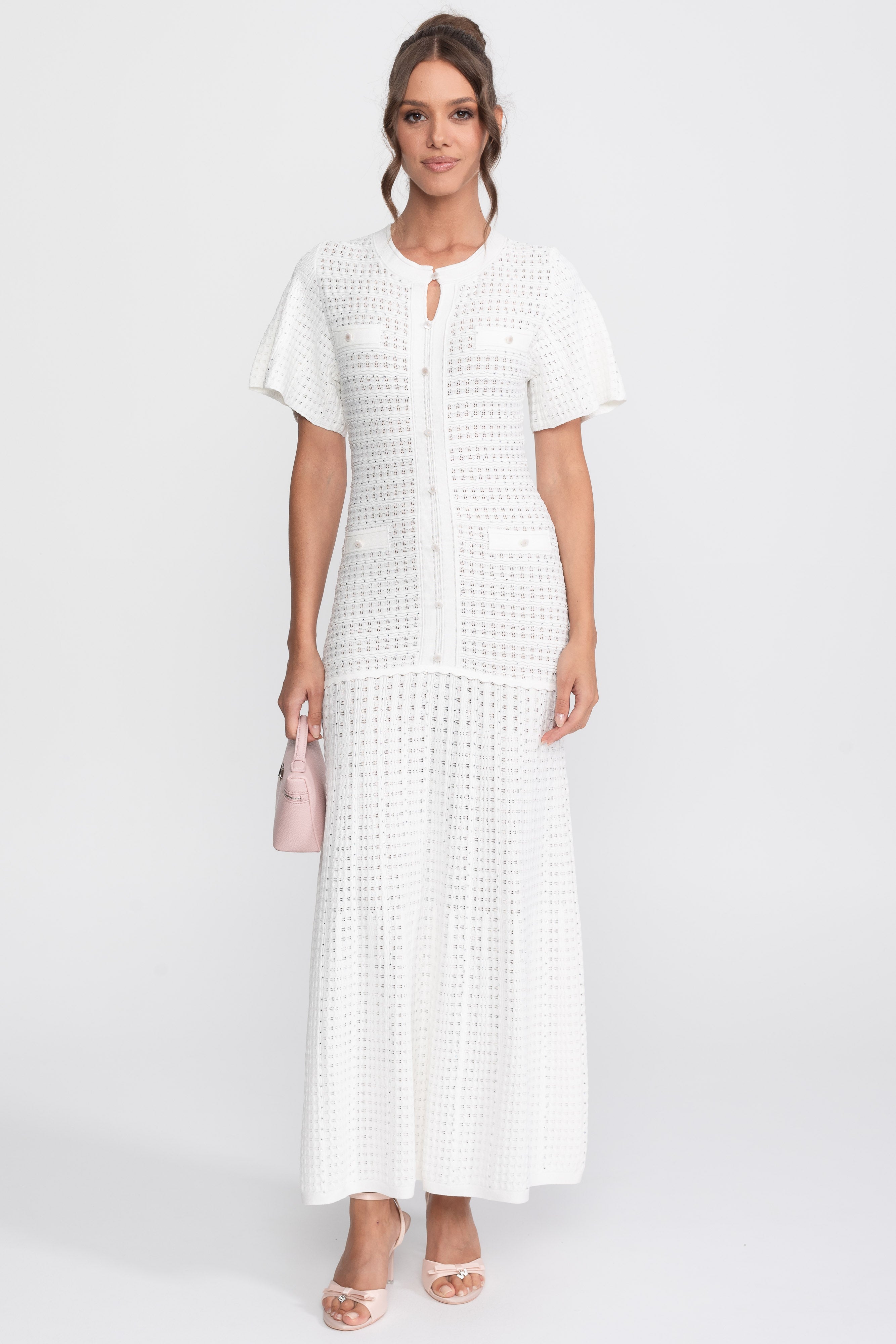 Short Sleeve Midi Dress With Shimmer Knit Texture - White
