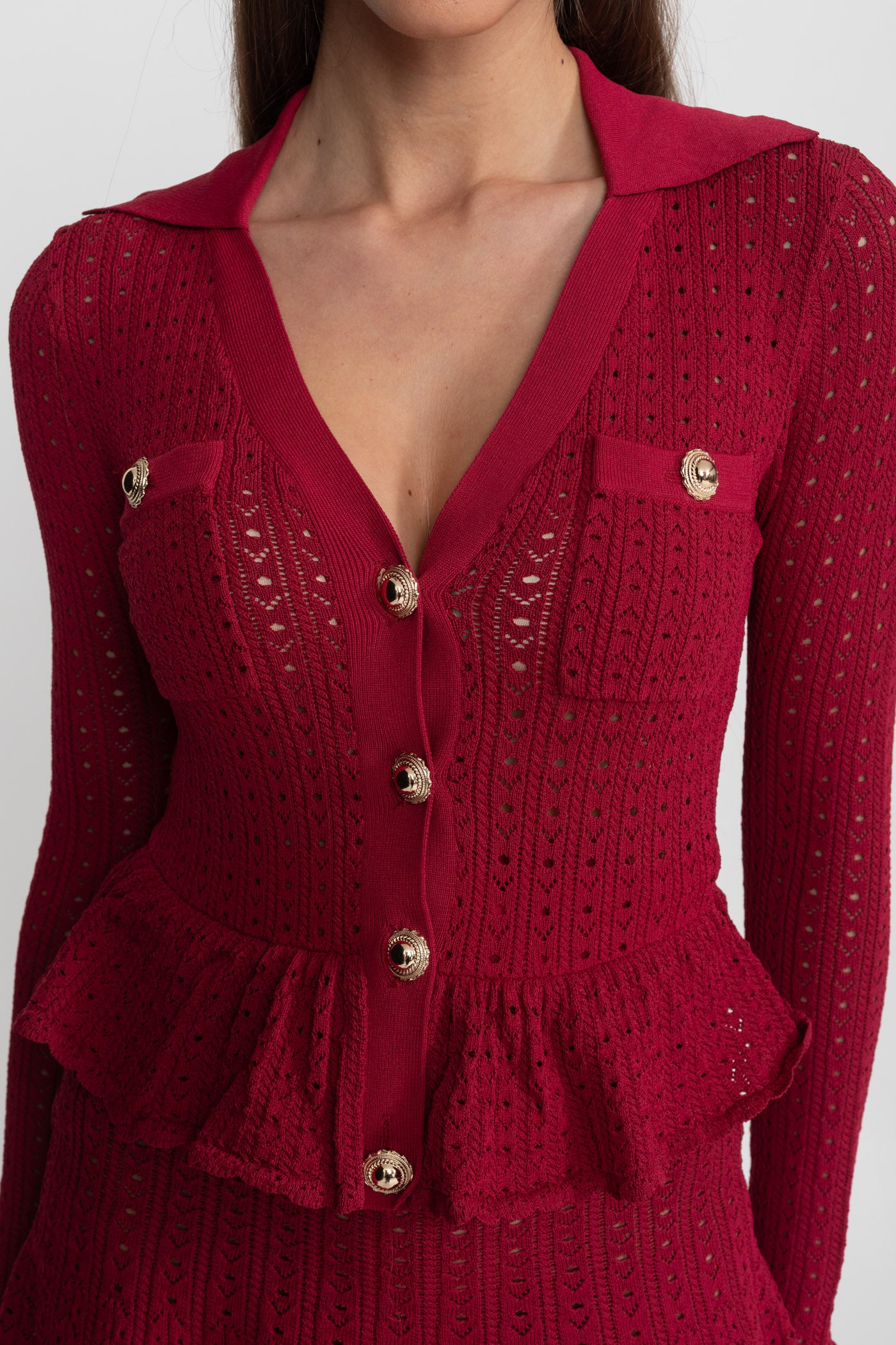 Pointelle Knit Mini Dress with Peplum Hem – Dark Red
