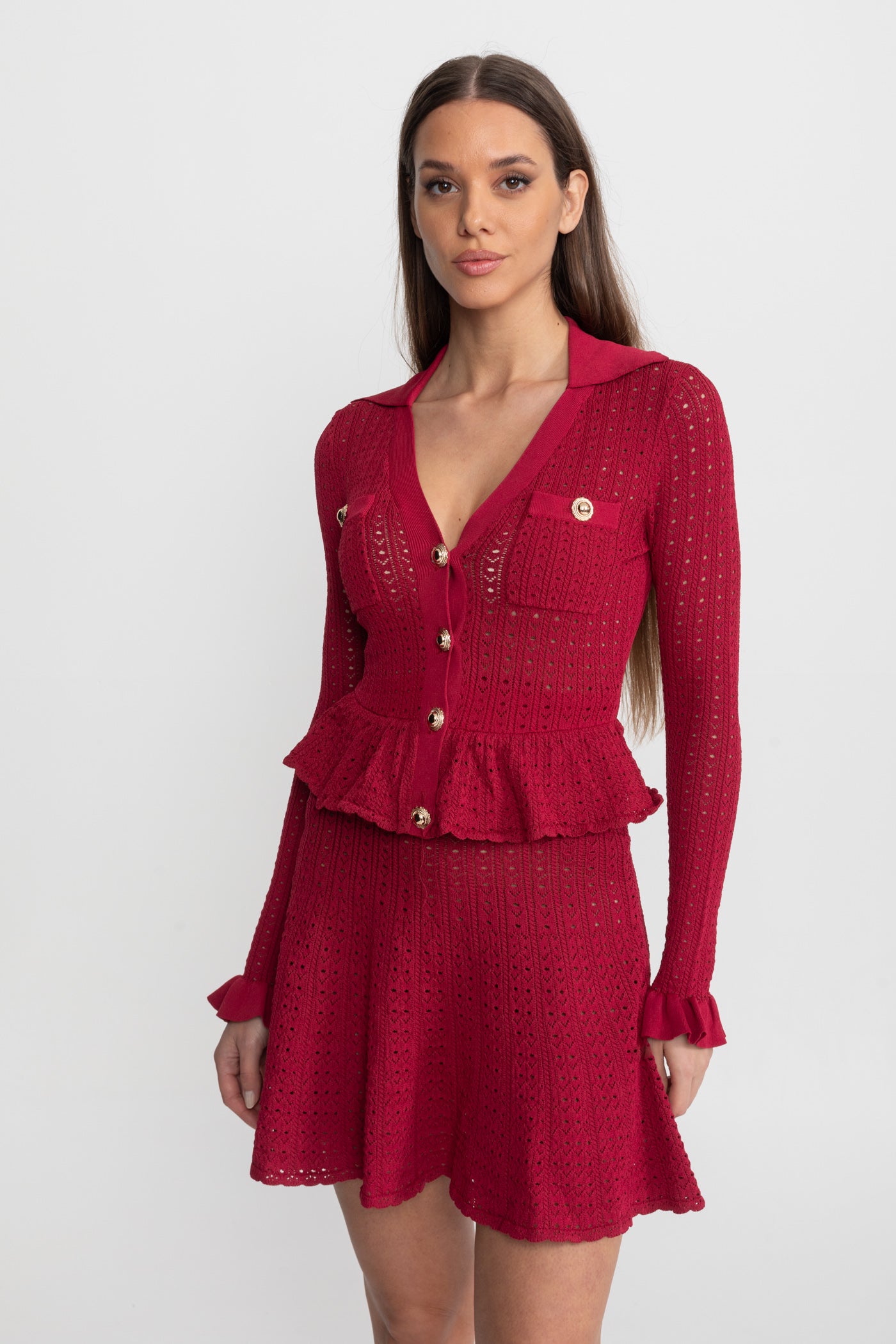 Pointelle Knit Mini Dress with Peplum Hem – Dark Red