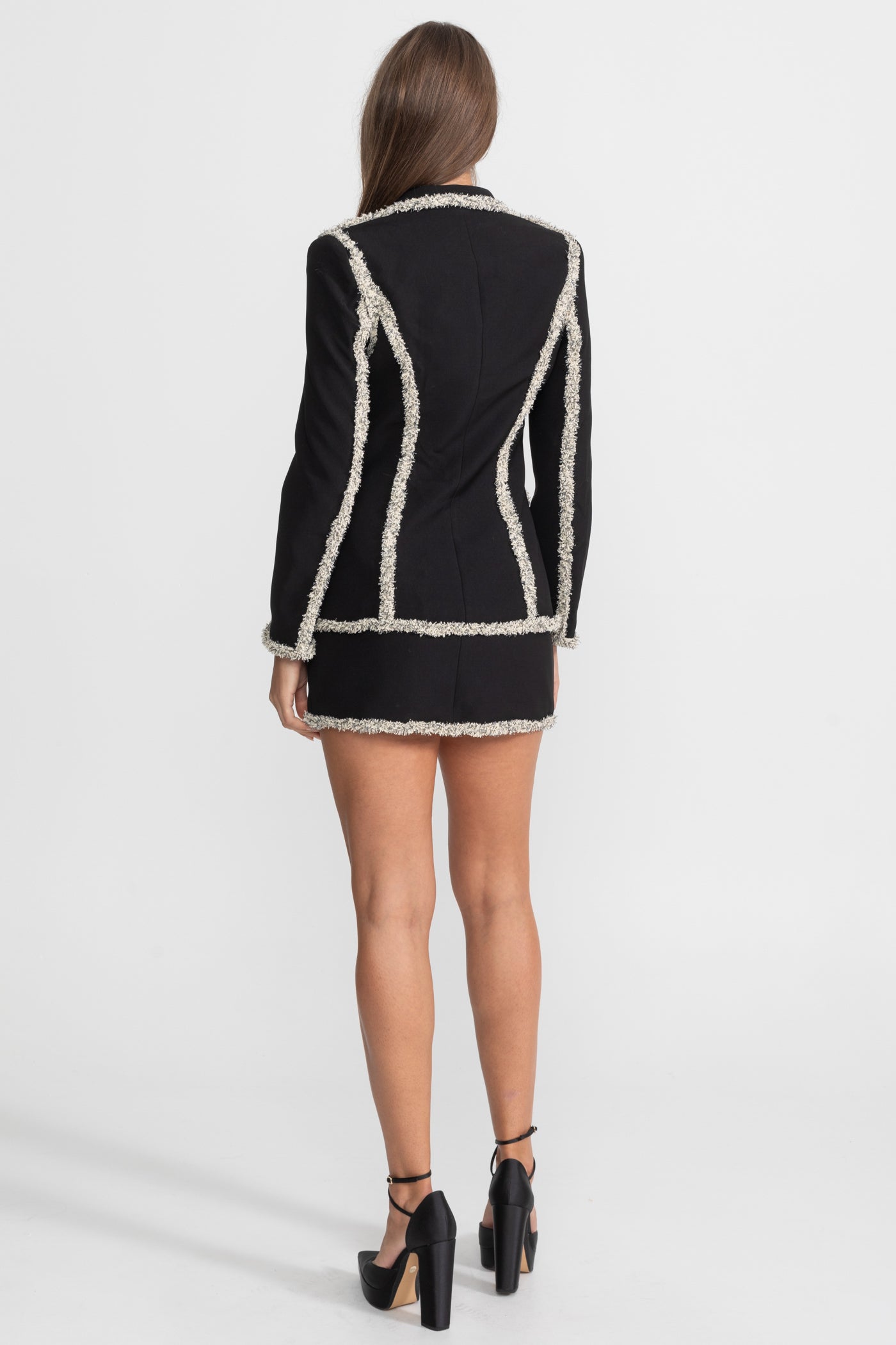 Tweed Set With Sparkling Trim Blazer And Matching Mini Skirt - Black