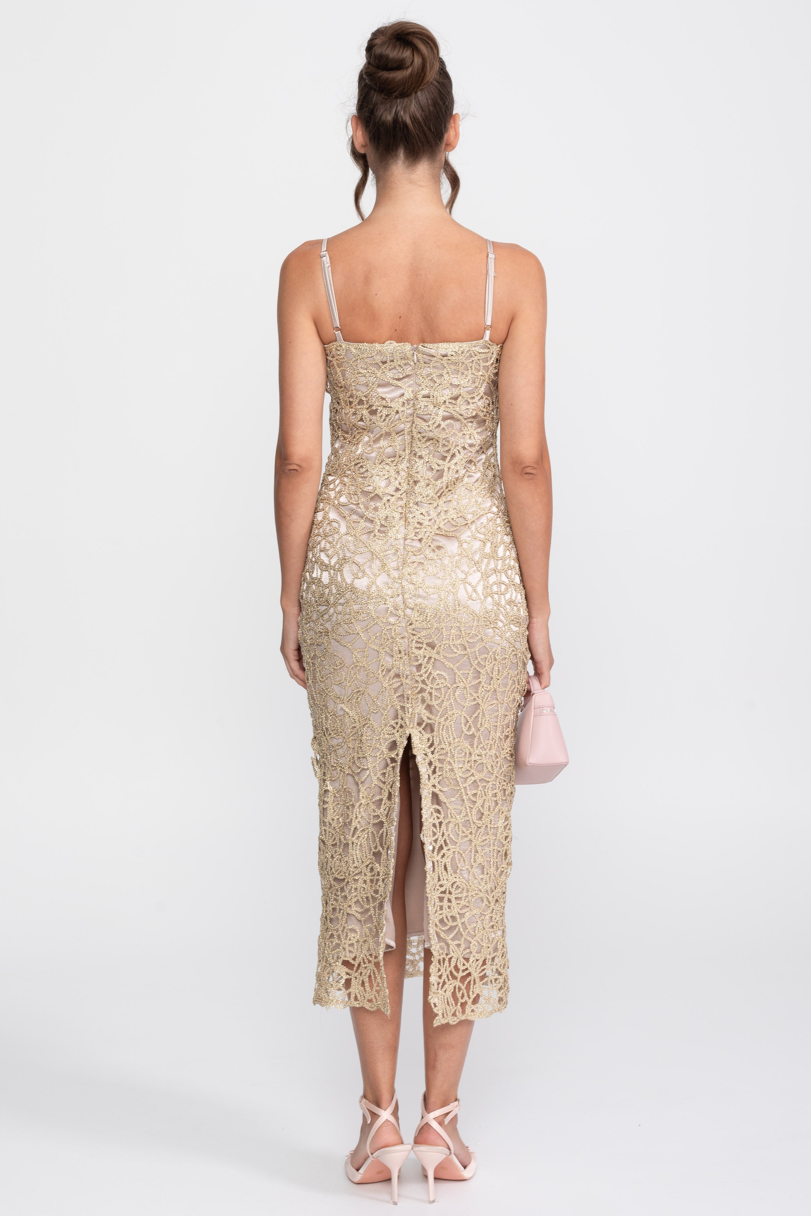Metallic Lace Sheath Dress With Square Neck - Gold