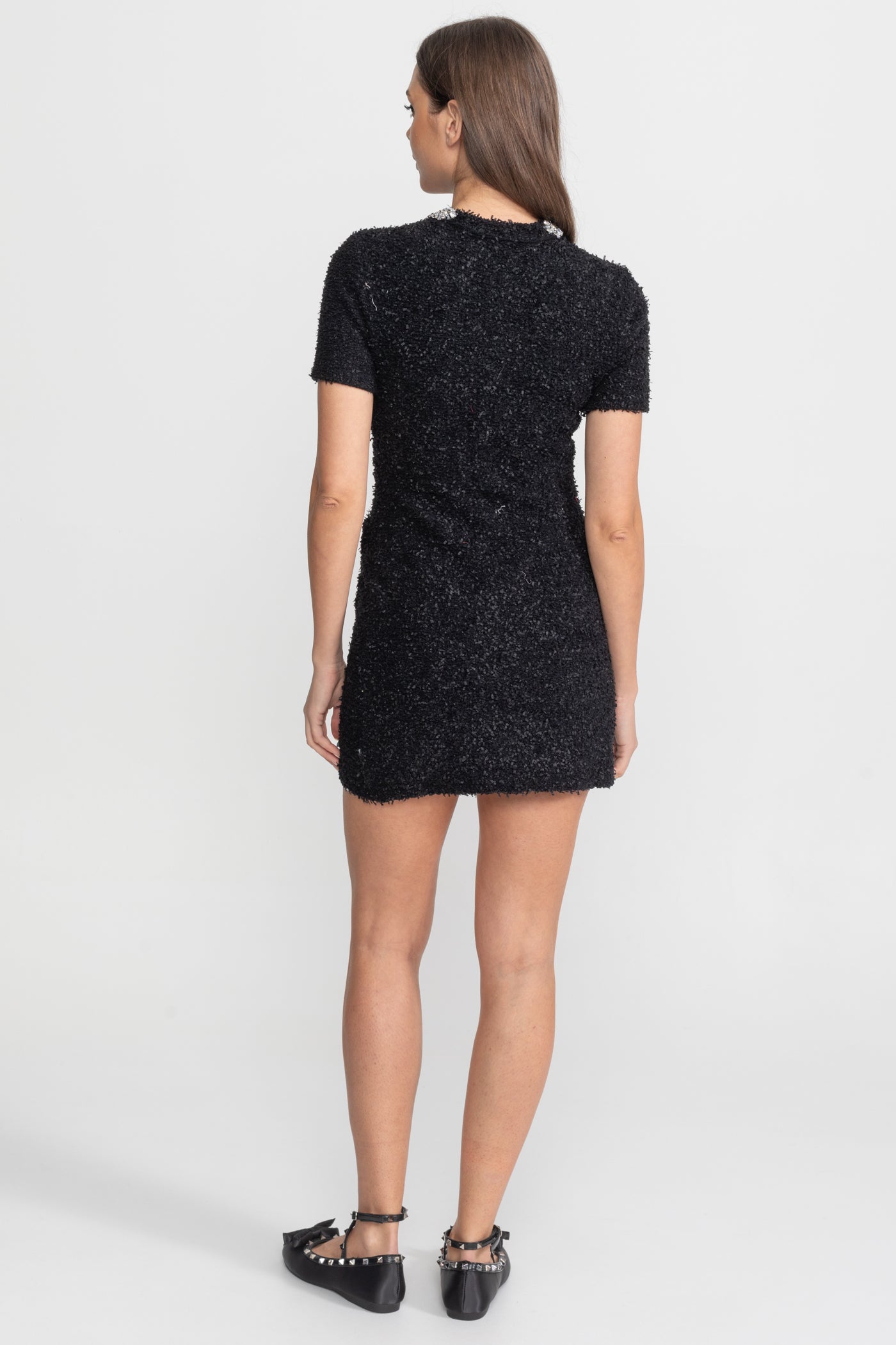 Embellished Tweed Mini Dress with Crystal Button Details – Black