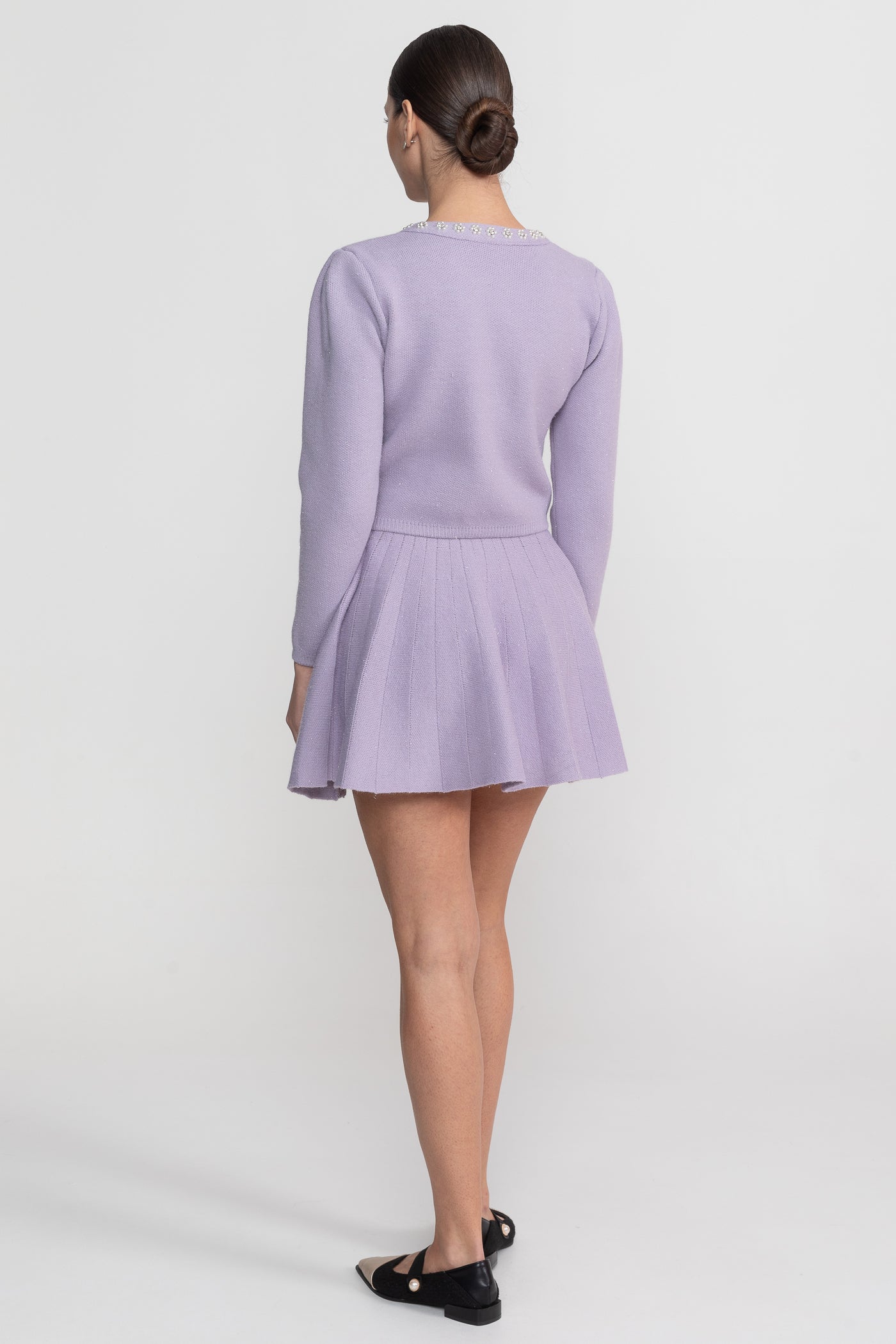 Knit Co-Ord Set With Long Sleeve Cardigan And Matching Mini Skirt - Lilac