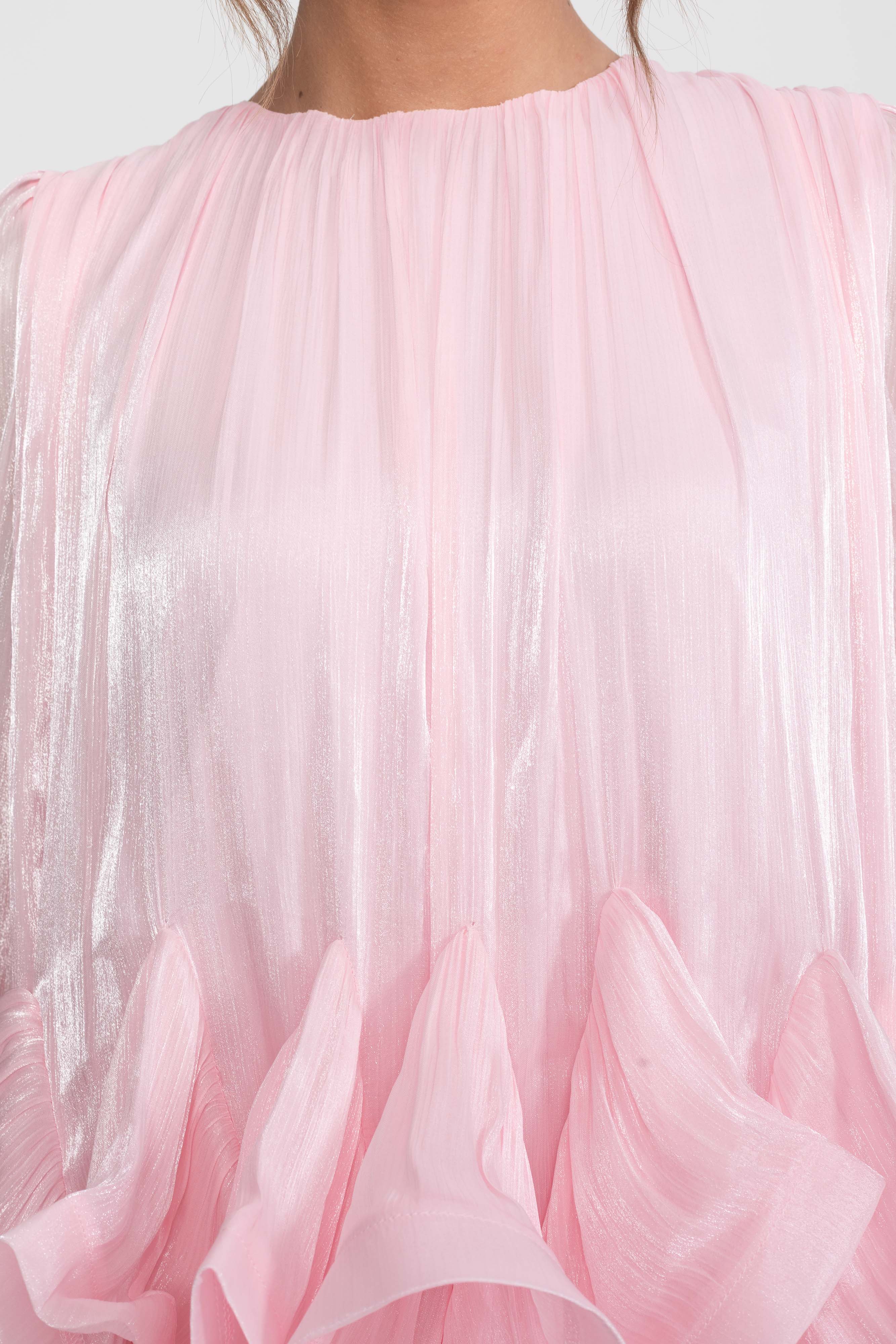 فستان ميني بحافة كشكش غير متماثلة بلمسة نهائية ساتان - Pink 