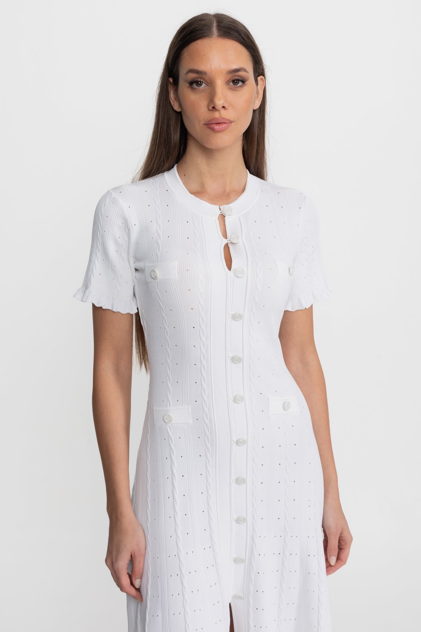 Knit Button-Front Midi Dress with Scalloped Sleeves – White