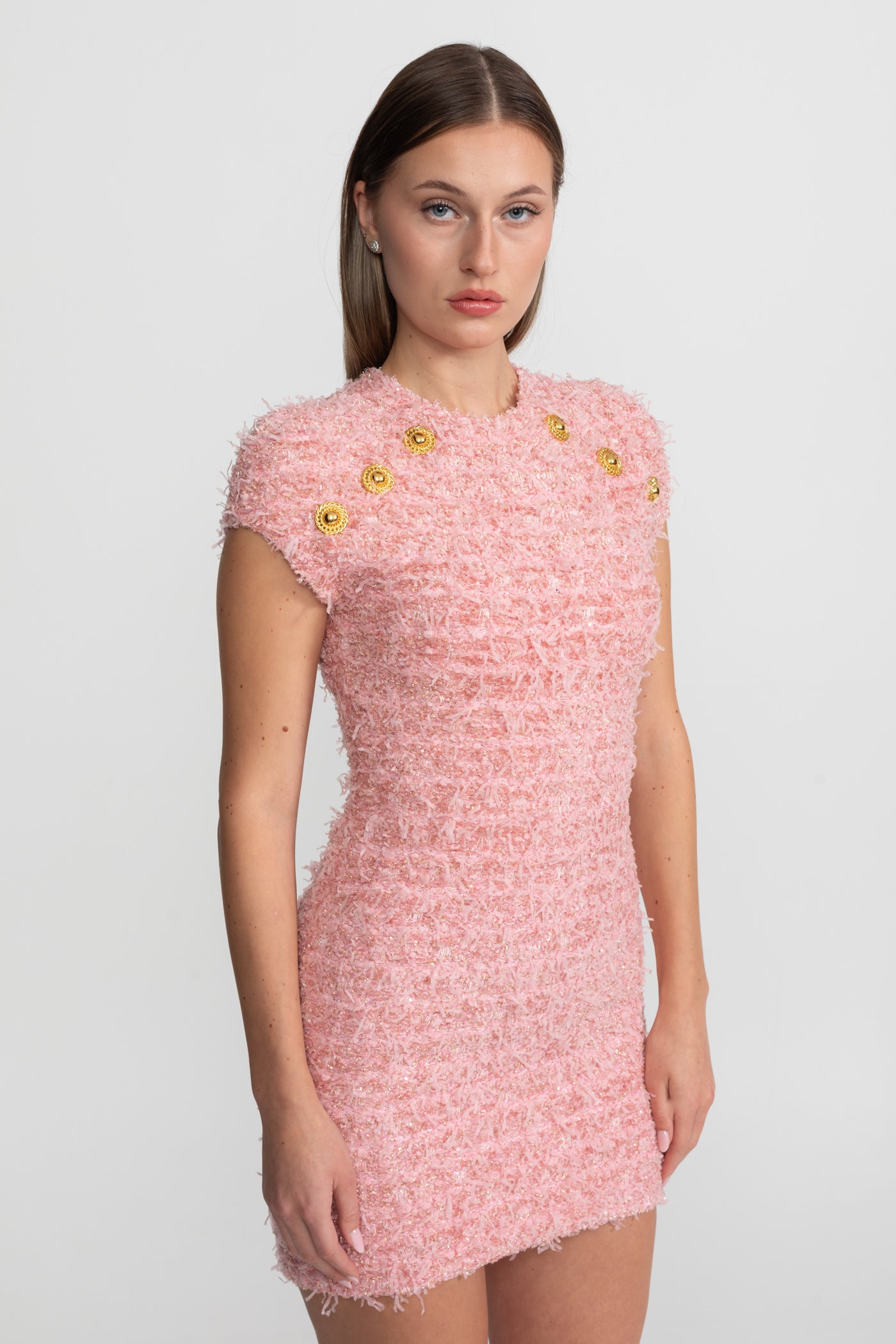 Textured Tweed Mini Dress With Gold Button Embellishments – Pink