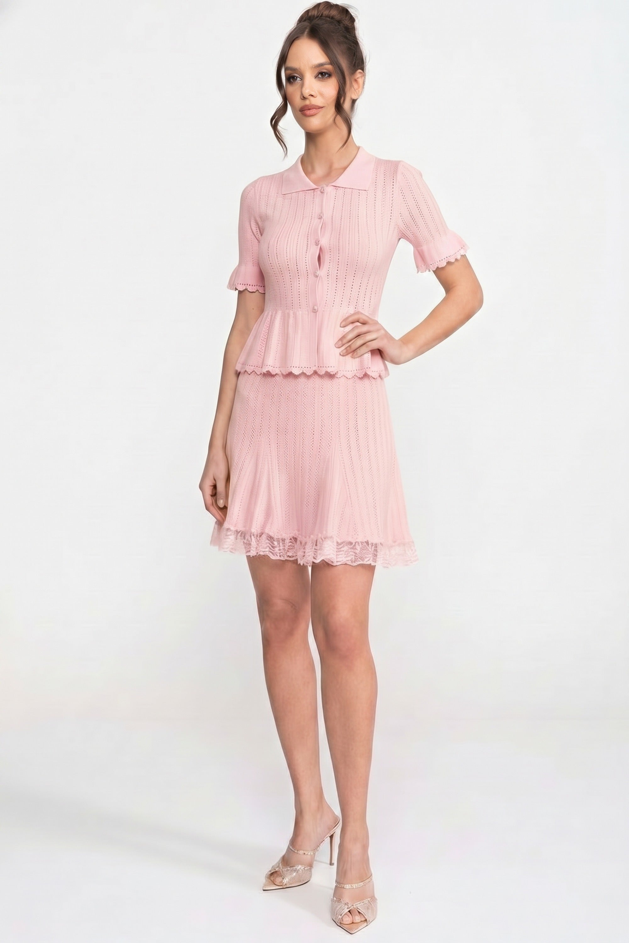 فستان ميني محاك بتصميم Peplum وياقة Peter-Pan مع حاشية دانتيل - Pink 