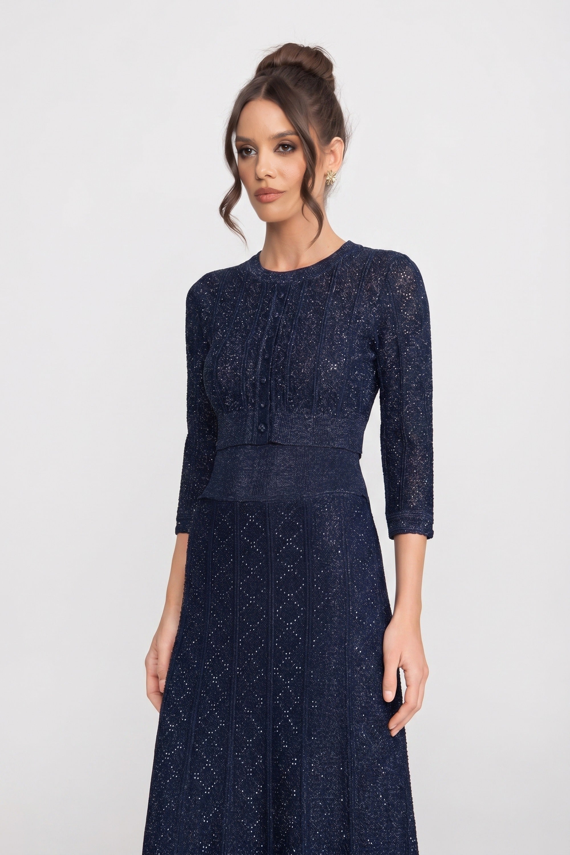 Long-Sleeve Diamond-Pattern Lace Co-Ord Set With Maxi Skirt - Navy
