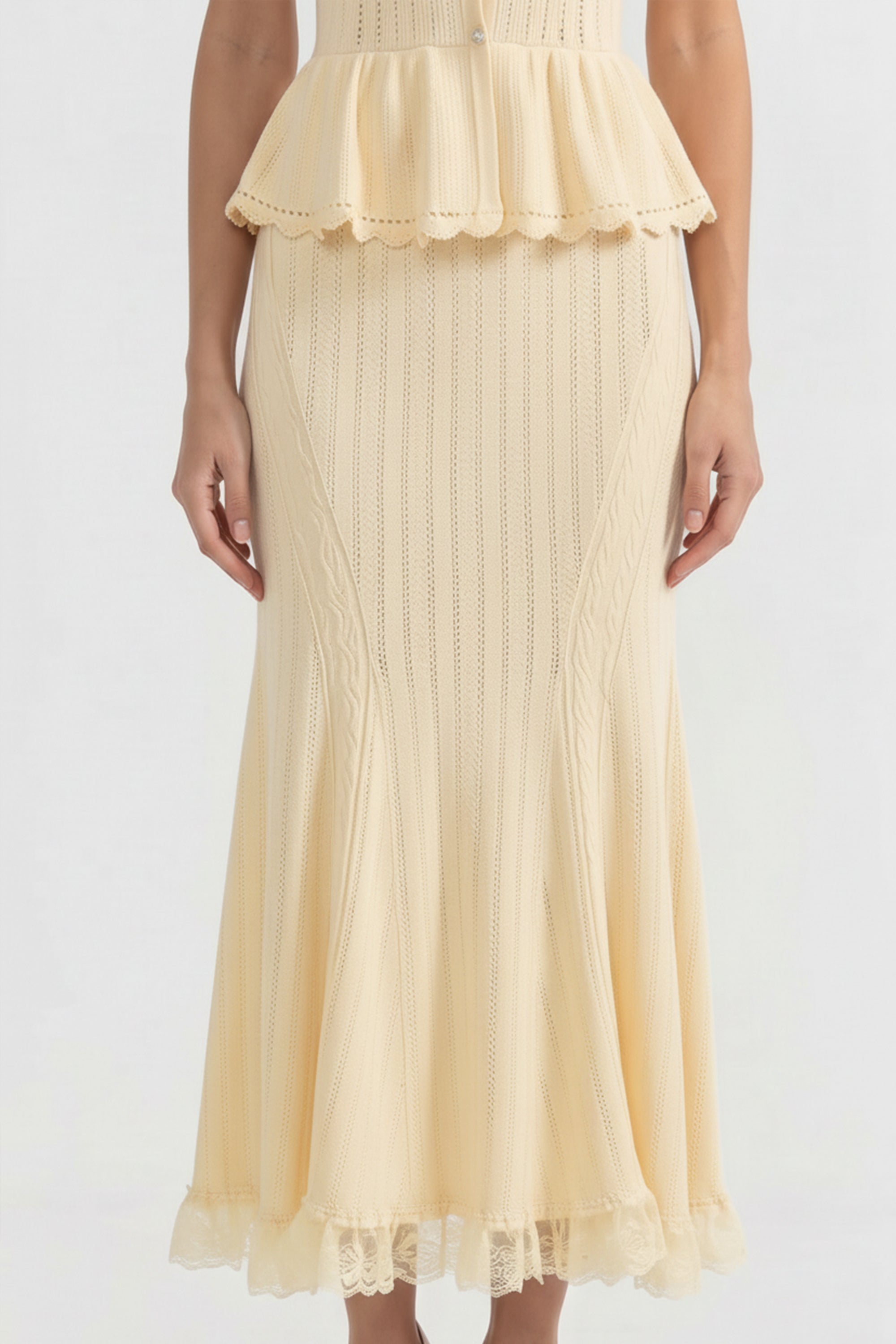 Peter-Pan Collar Knit Peplum Maxi Dress With Lace Hem - Yellow