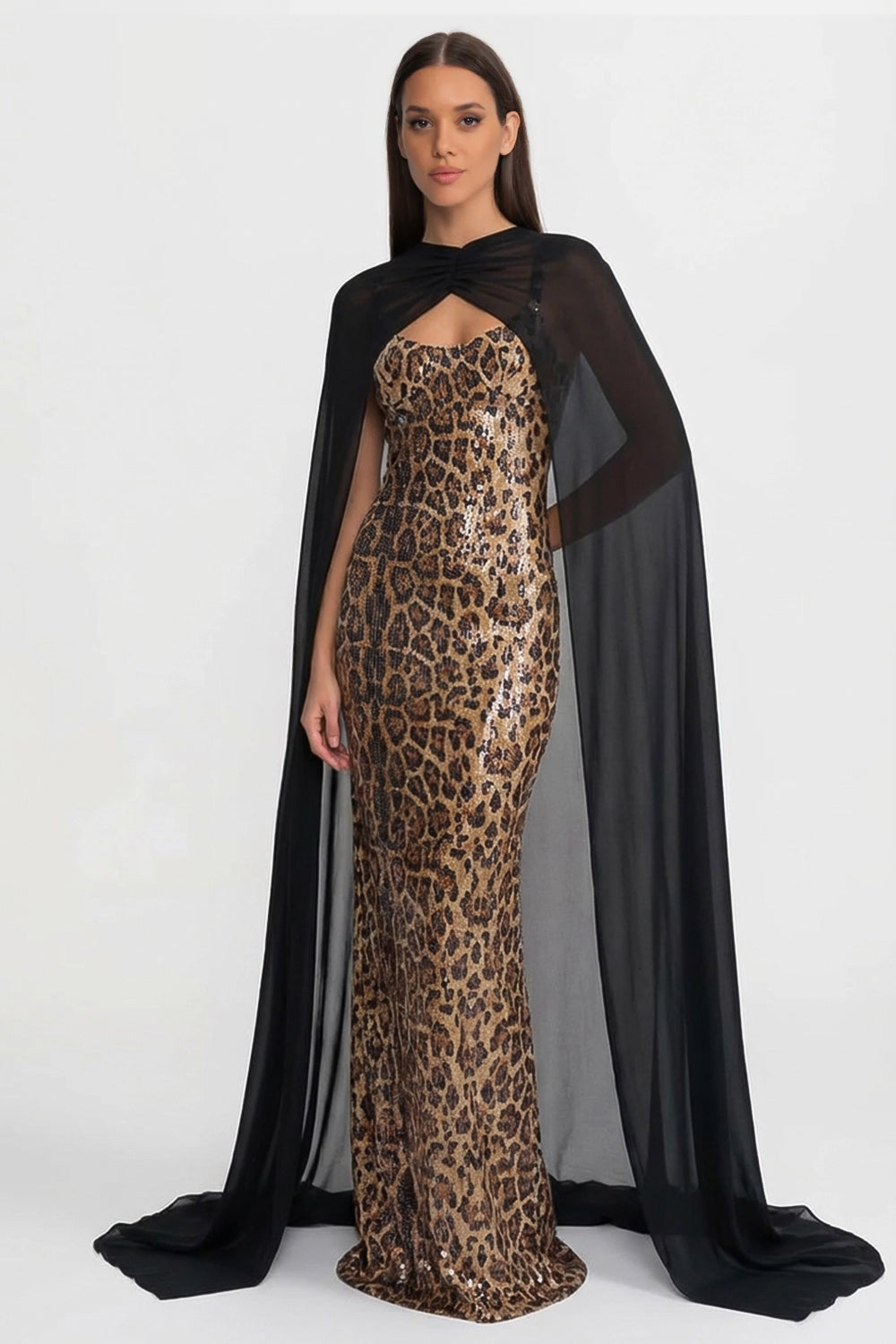 Sequin Maxi Dress with Sheer Cape Overlay – Leopard & Black