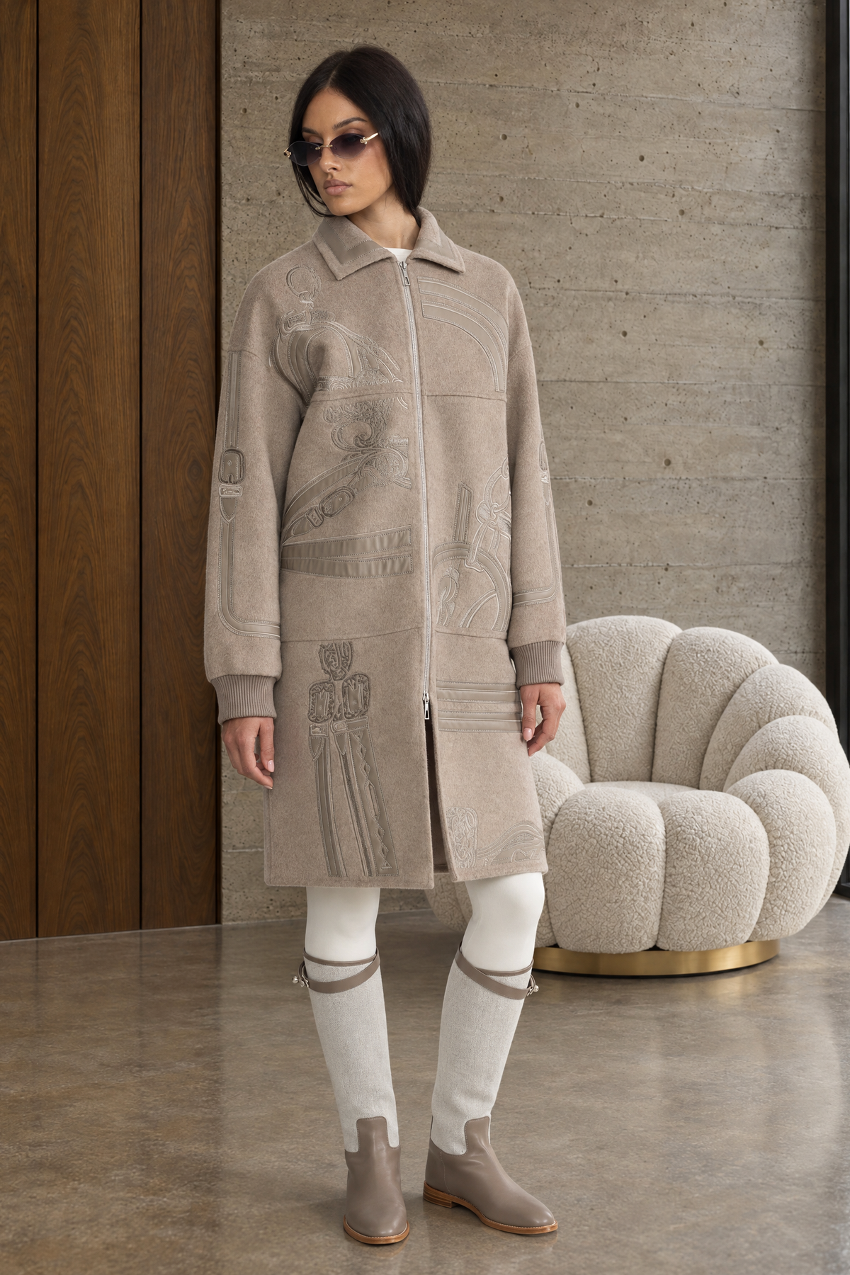 Equestrian Applique Embroidered Wool Zip Coat - Taupe