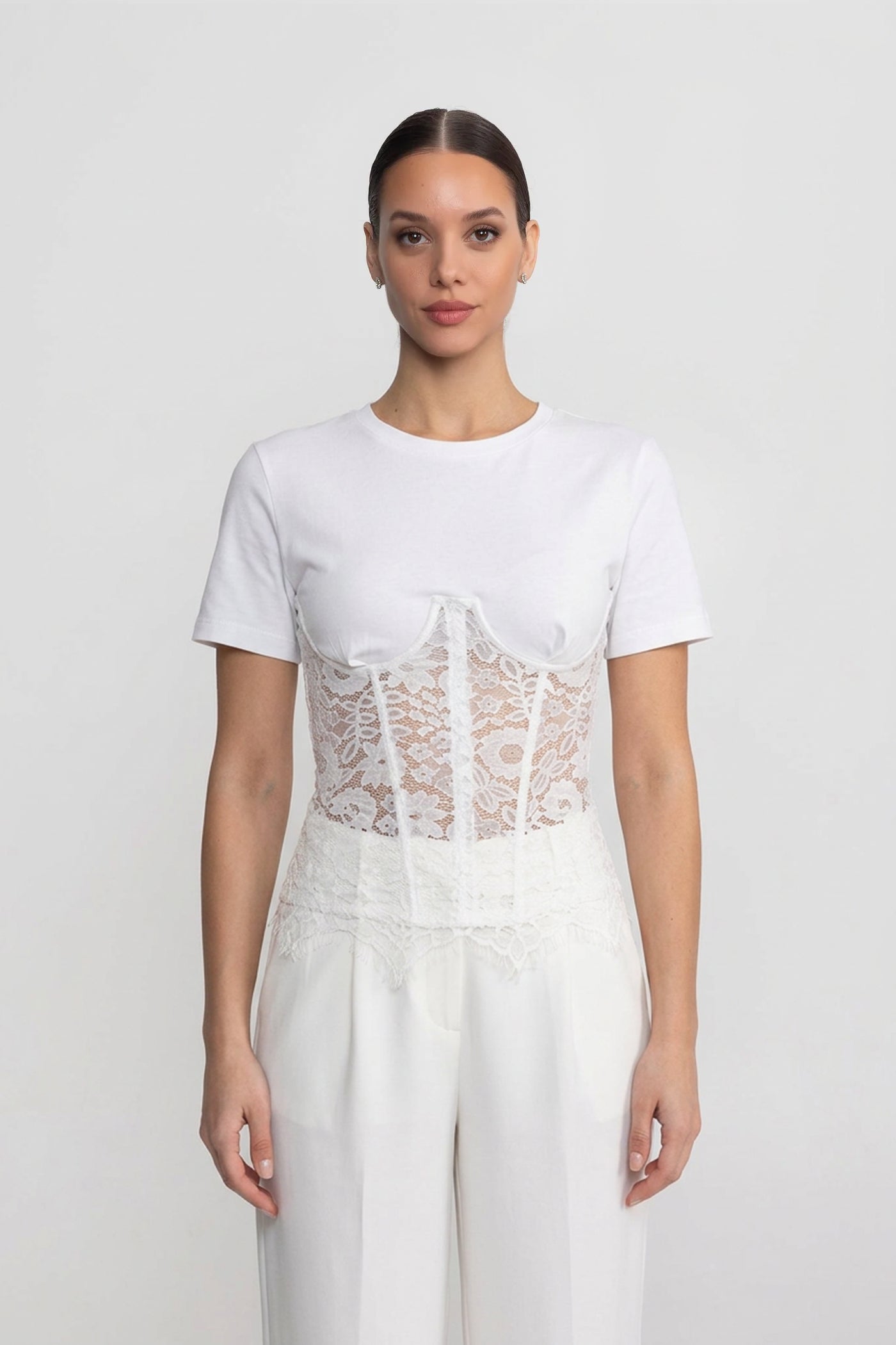 Short Sleeve Top With Lace Corset Overlay - White