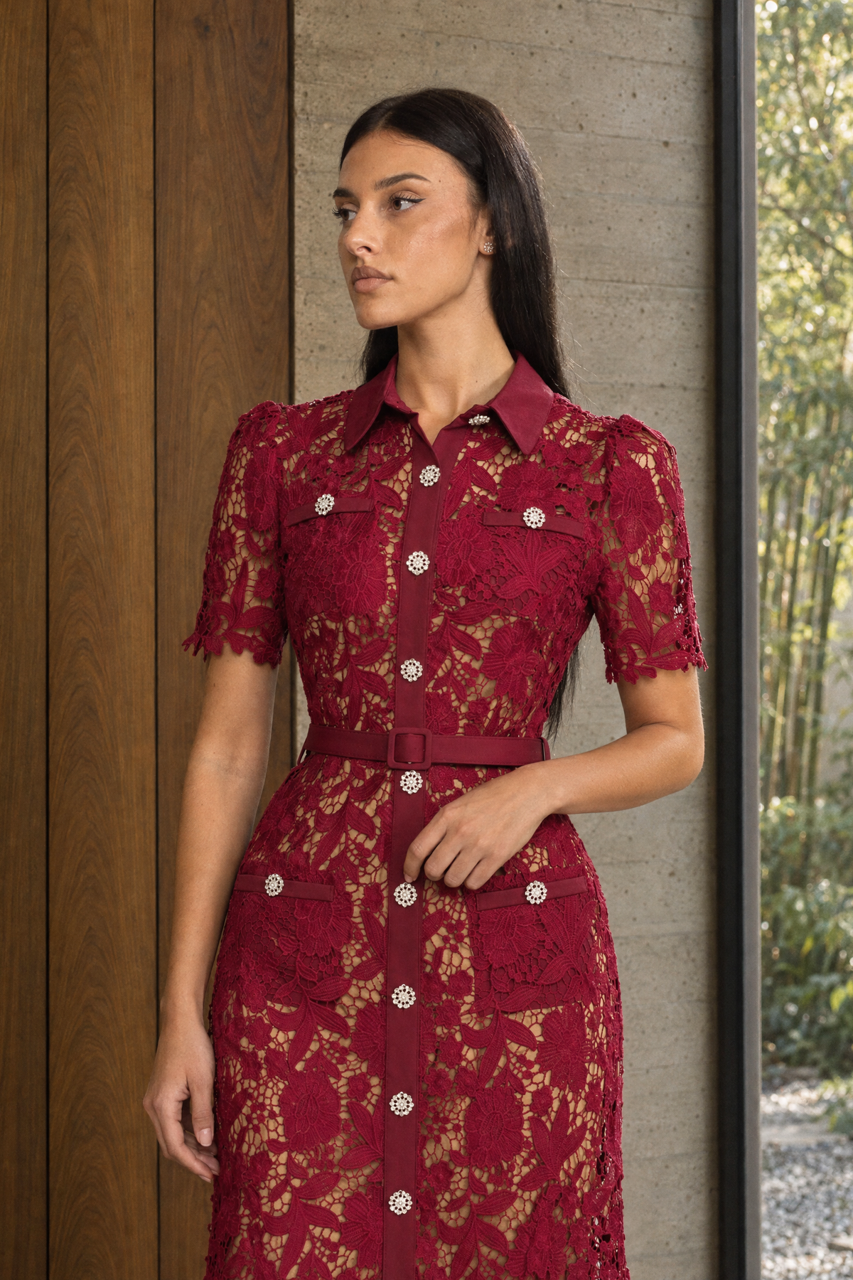Guipure Lace Crystal Button Shirt Midi Dress - Wine