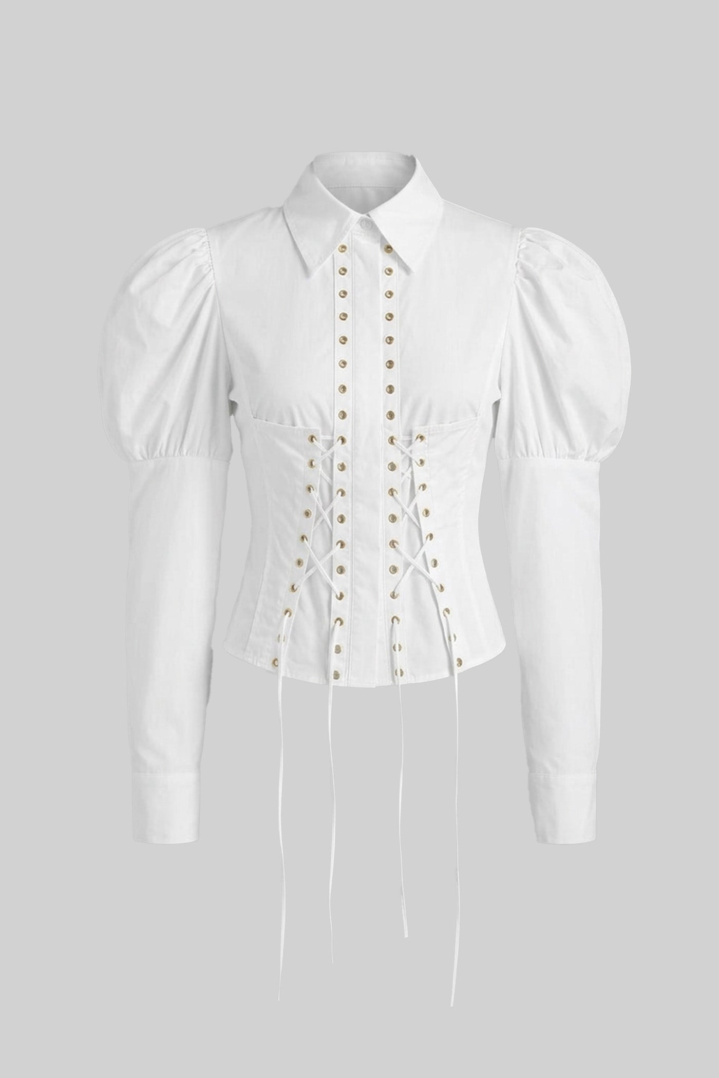 Long Sleeve Shirt With Corset Lace-Up Detail - White