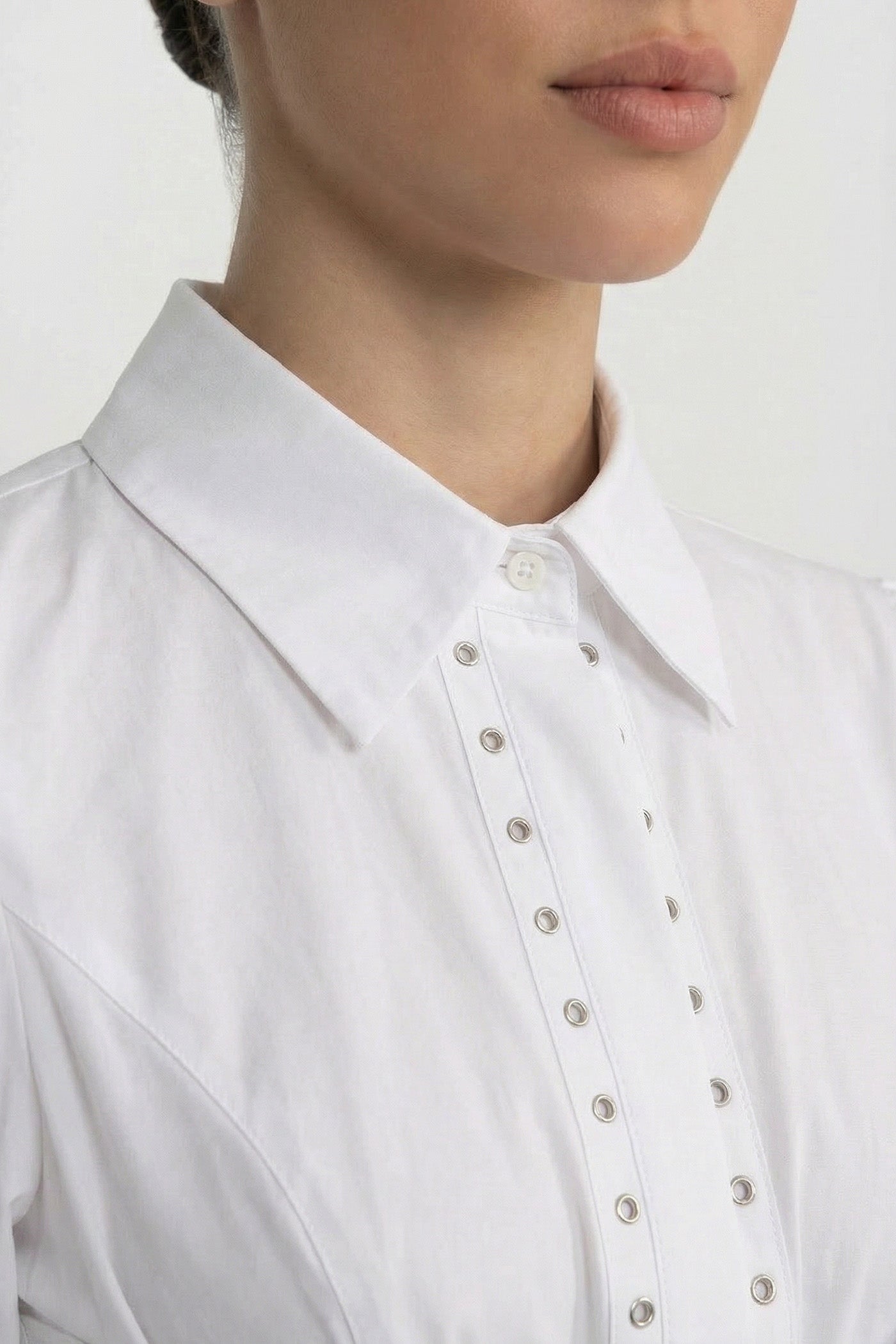 Long Sleeve Shirt With Corset Lace-Up Detail - White
