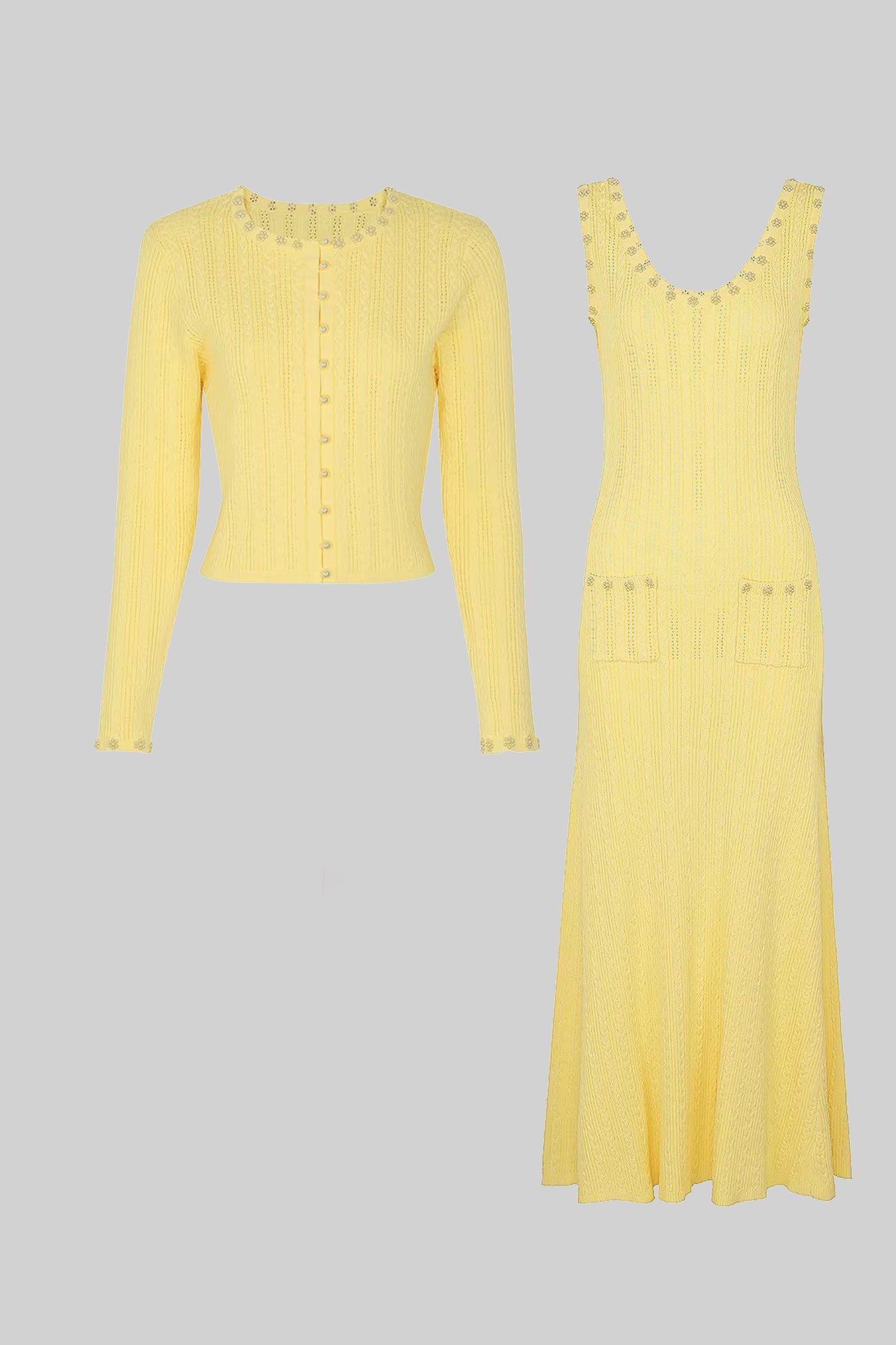 Ribbed Knit Dress and Cardigan Set With Pearl Button Detailing - Yellow